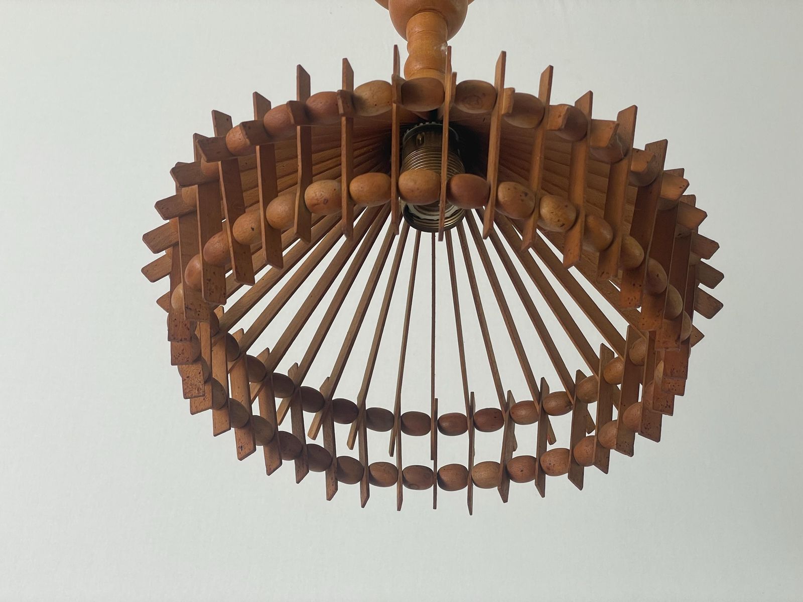 photo for sale Italian Hand Crafted Pair Of Wood Pendant Lights, 1960s, Italy