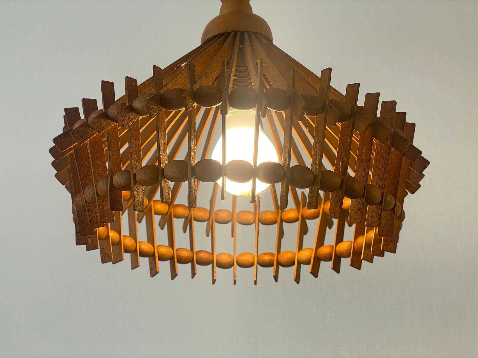 Lighting Italian Hand Crafted Pair Of Wood Pendant Lights, 1960s, Italy photo