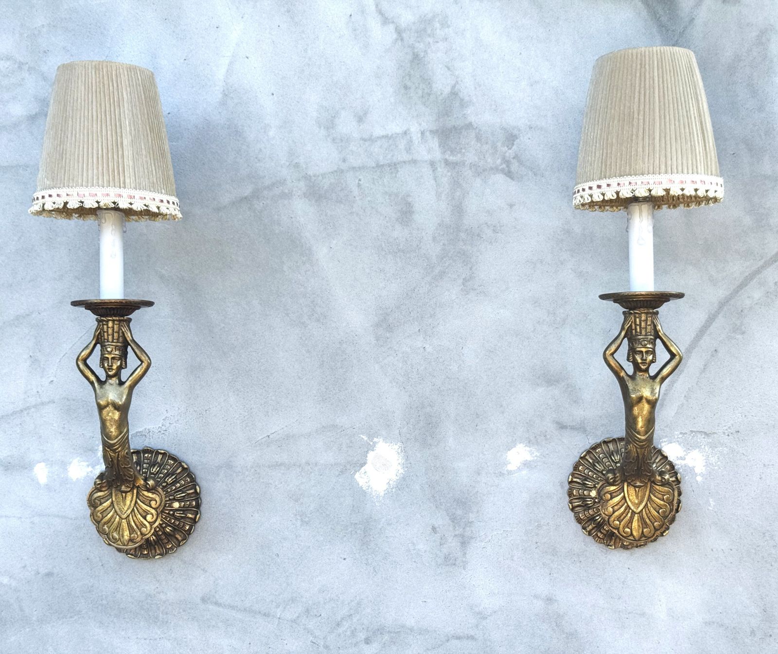 Pair Of 1950s Italian Gilt Bronze Wall Sconces With Female Figures photo furniture