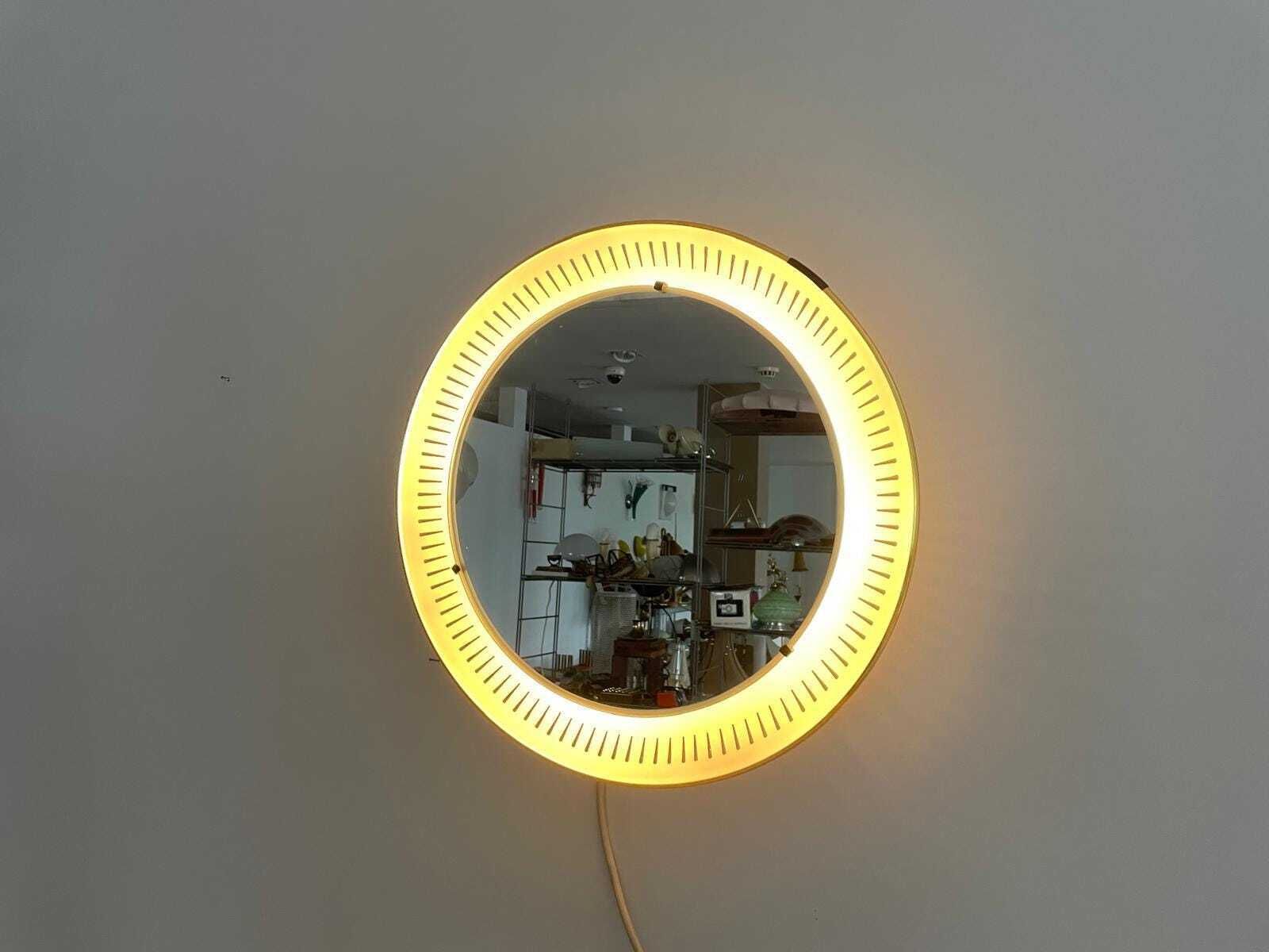 Mid Century Modern Round Yellow And White Wall Mirror With Light By Hillebrand, 1950s, Germany photo for sale