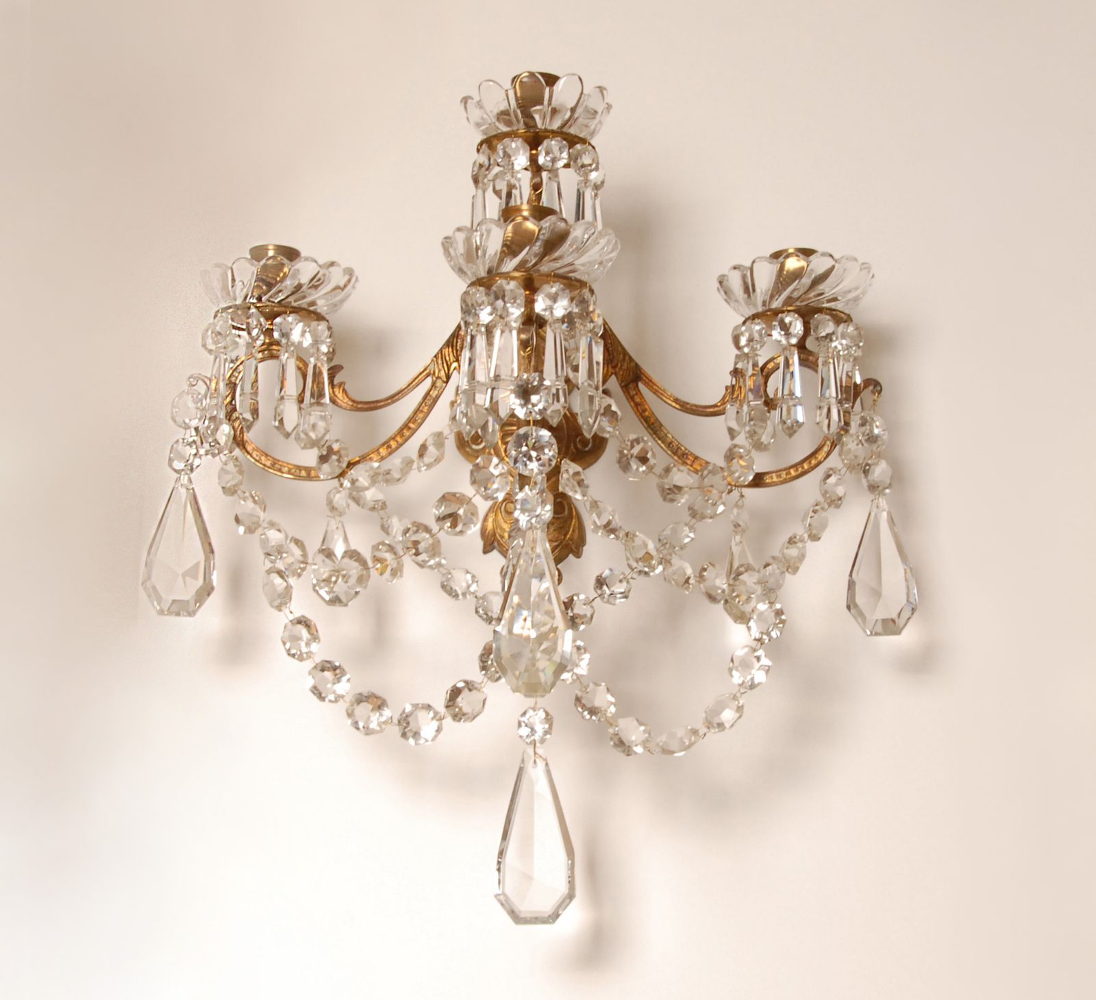 Antique French Crystal Sconces 4 Light Gilt Bronze Candelabra Wall Lamps photo for sale