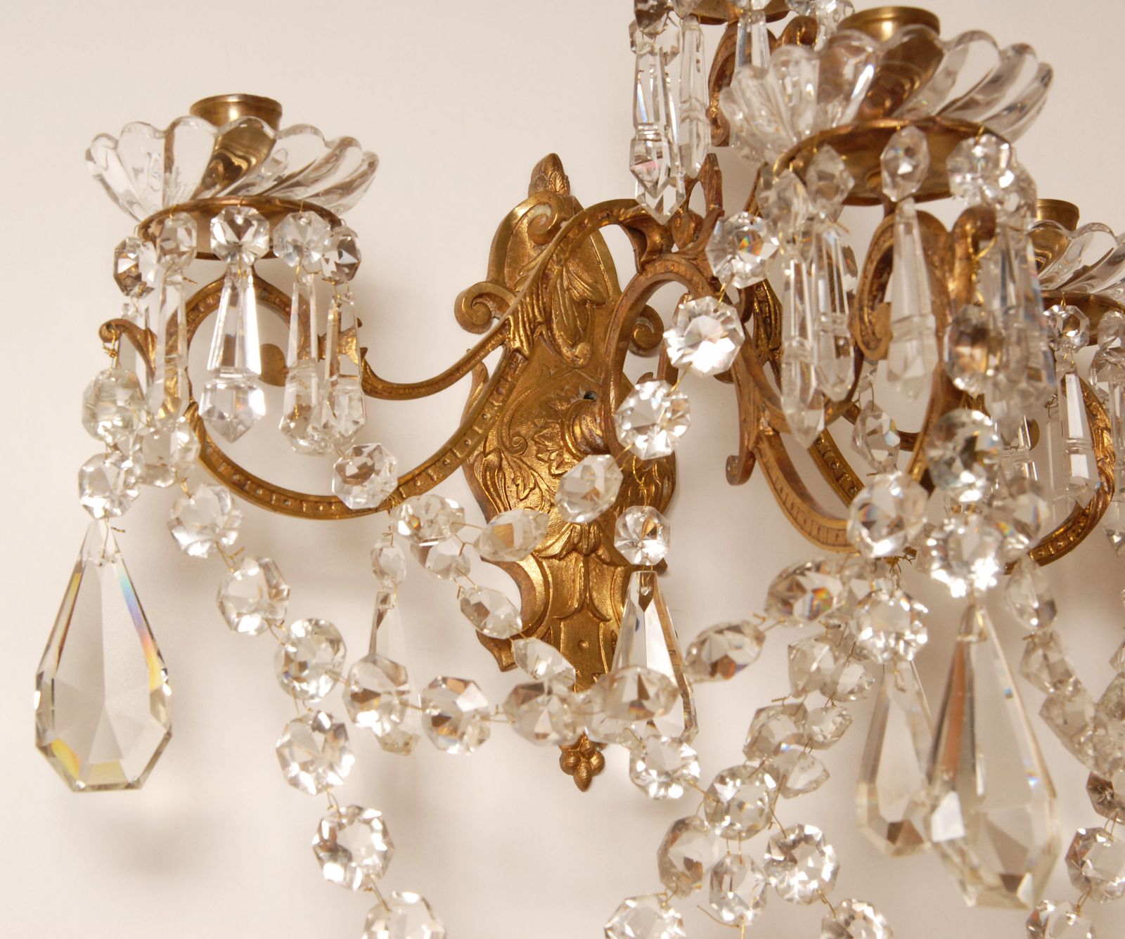 Antique French Crystal Sconces 4 Light Gilt Bronze Candelabra Wall Lamps photo Lighting