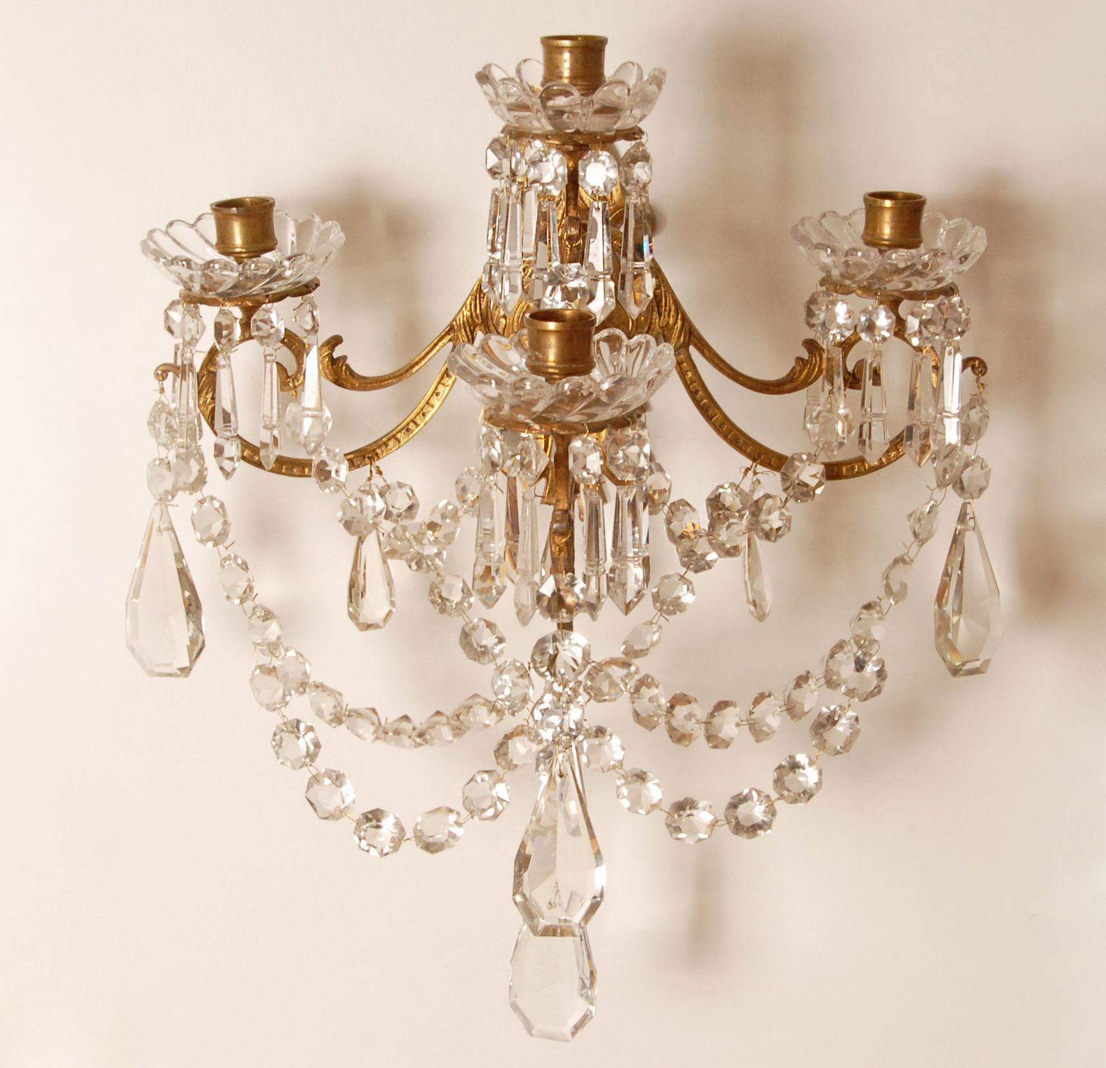 Antique French Crystal Sconces 4 Light Gilt Bronze Candelabra Wall Lamps photo vinterior