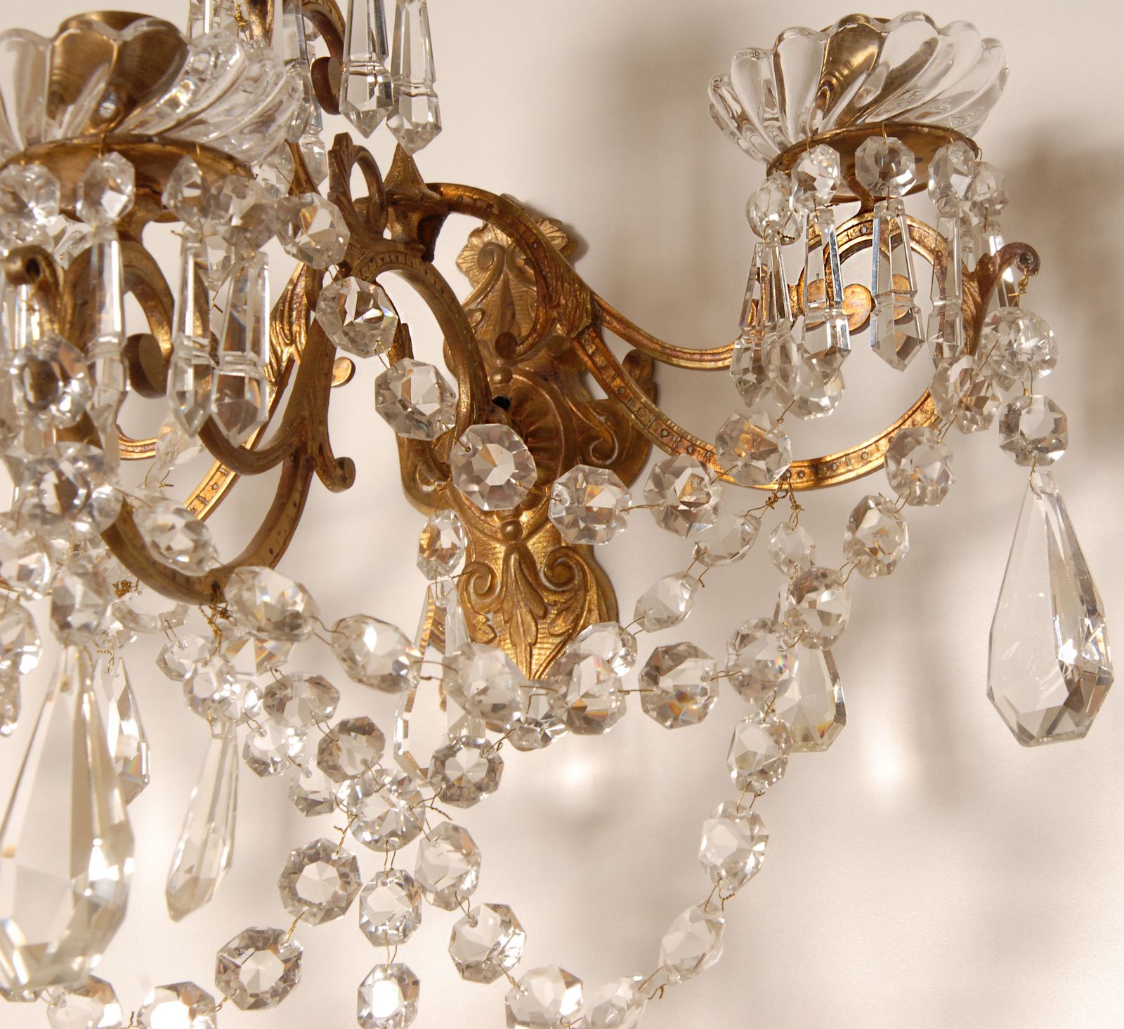 Antique French Crystal Sconces 4 Light Gilt Bronze Candelabra Wall Lamps photo vintage