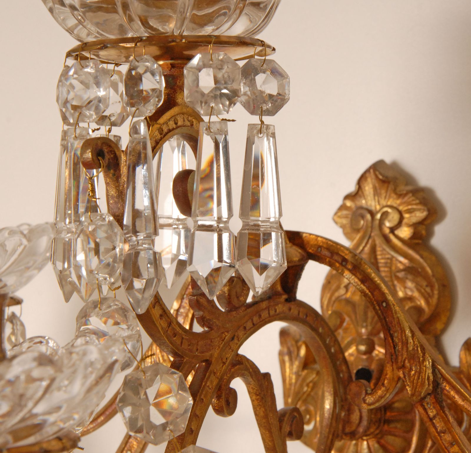 photo furniture Antique French Crystal Sconces 4 Light Gilt Bronze Candelabra Wall Lamps