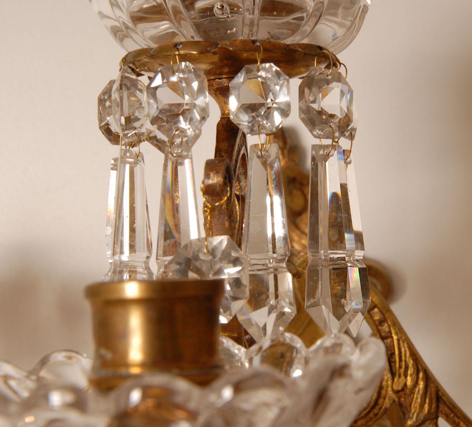 Lighting Antique French Crystal Sconces 4 Light Gilt Bronze Candelabra Wall Lamps photo
