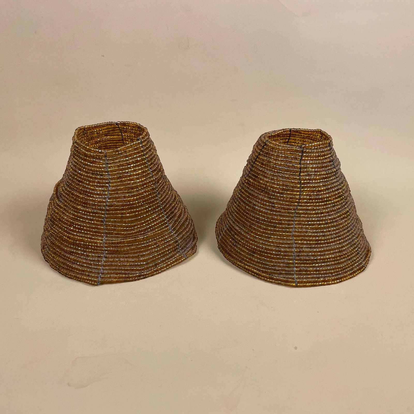 Pair Of 2 Vintage Cone Glass Beaded Lamp Shade Lampshade Lightshade Orange Candle Toppers  Downton Abbey Antique Classic Set Handmade photo Lighting