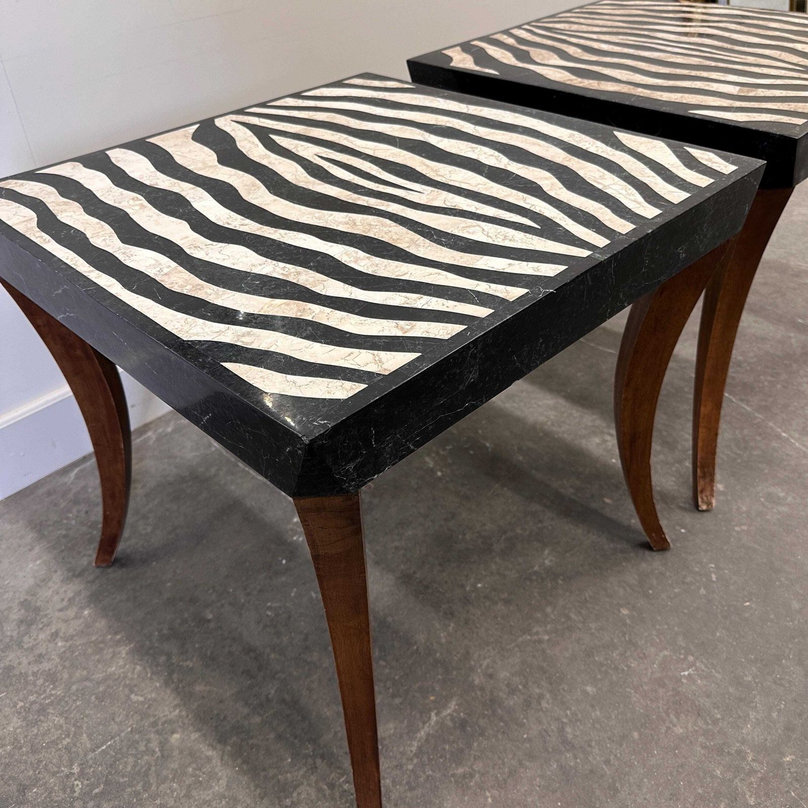 Striking Pair Of Italian Zebra Inlaid Tessellated Stone Tables With Refined Curved Legs, 1980s photo 1334.0