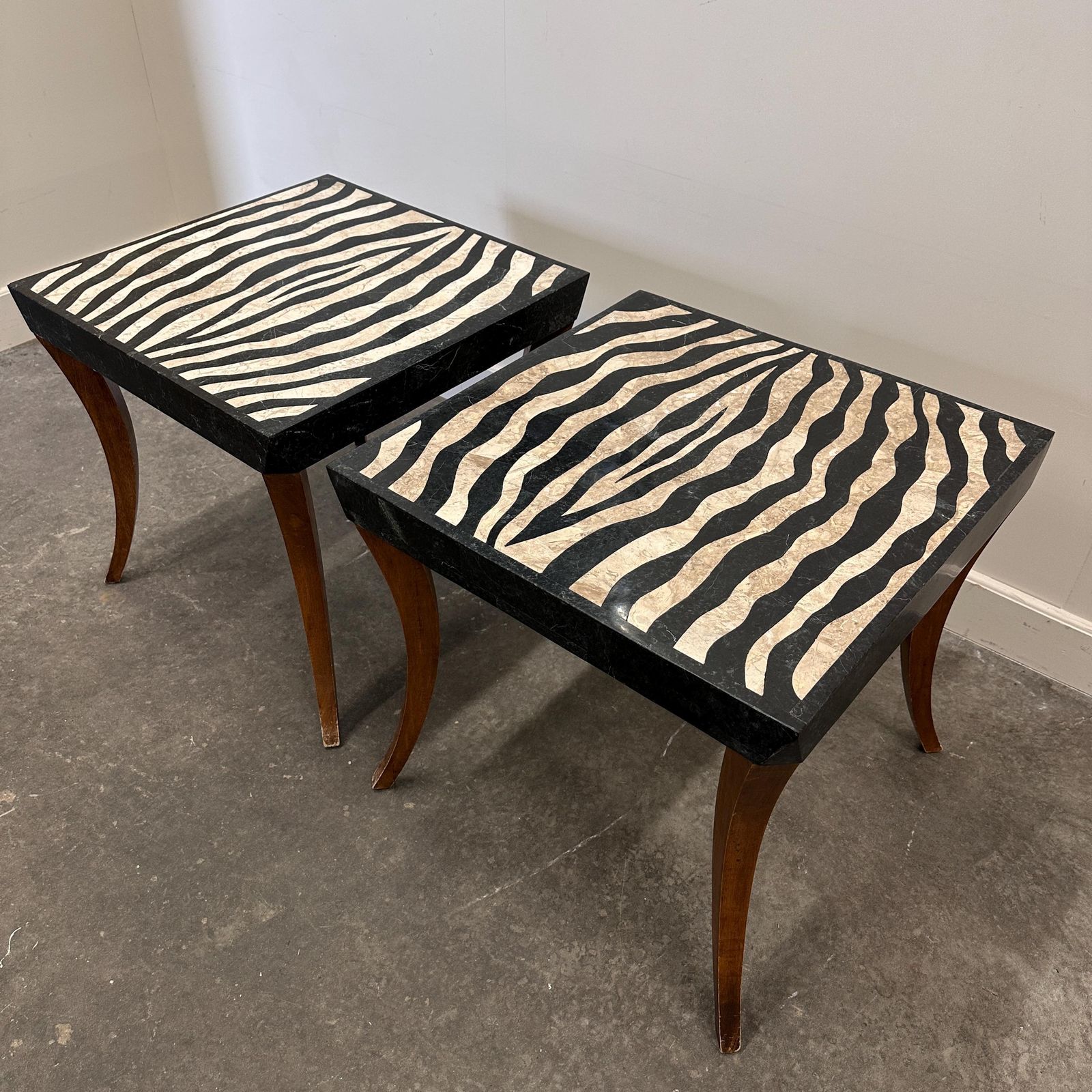 Striking Pair Of Italian Zebra Inlaid Tessellated Stone Tables With Refined Curved Legs, 1980s photo vinterior