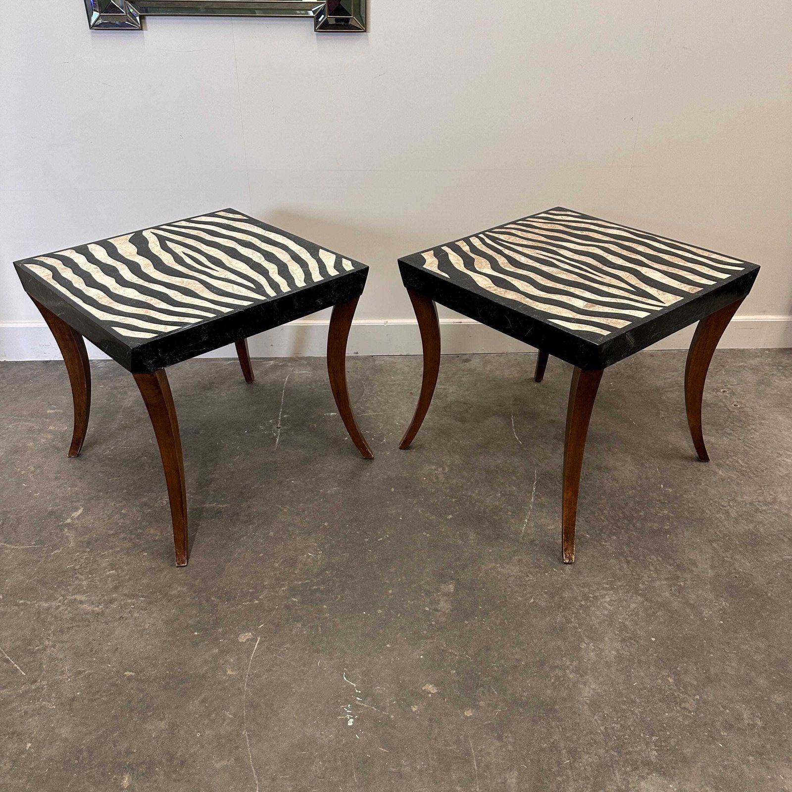 Striking Pair Of Italian Zebra Inlaid Tessellated Stone Tables With Refined Curved Legs, 1980s photo vintage