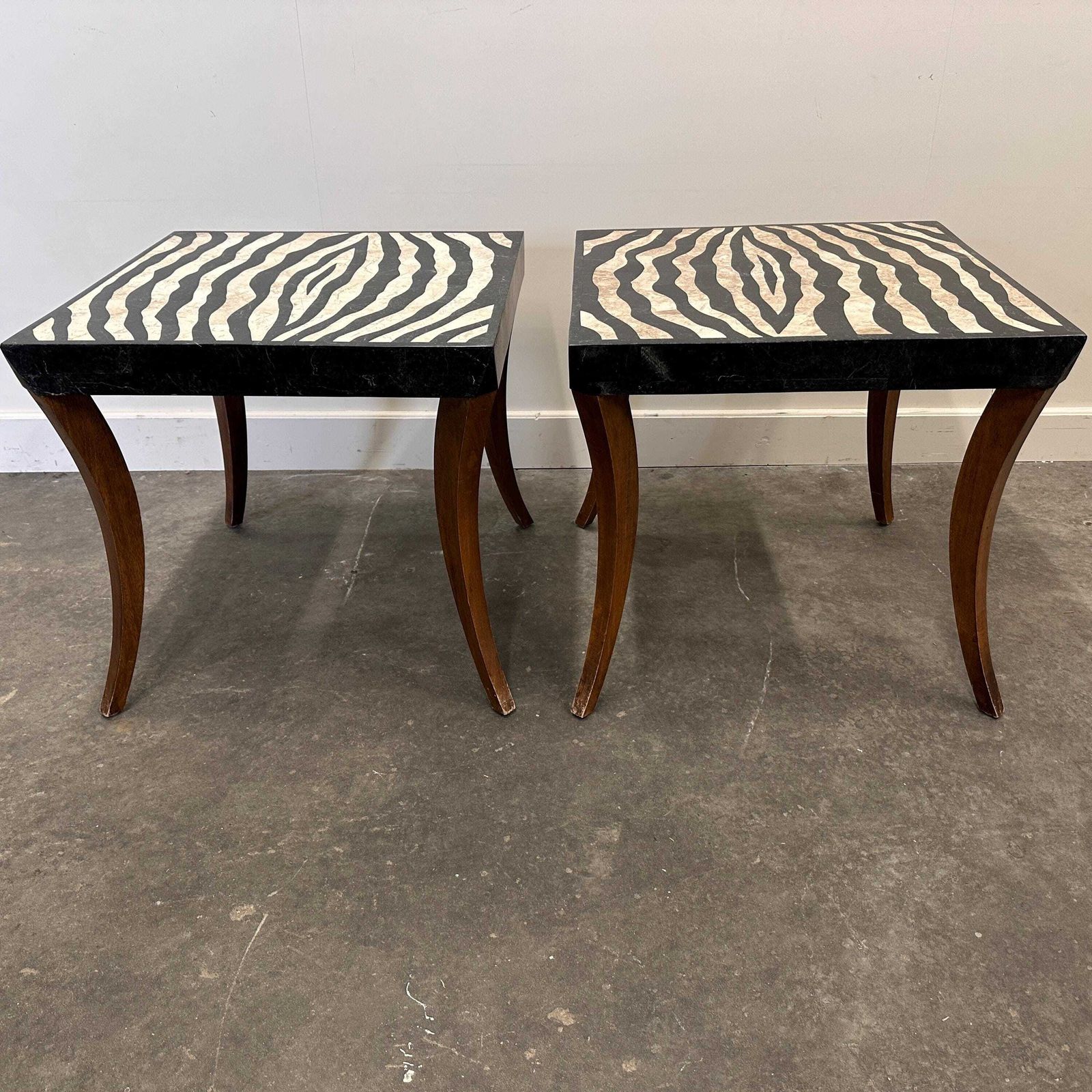 photo furniture Striking Pair Of Italian Zebra Inlaid Tessellated Stone Tables With Refined Curved Legs, 1980s