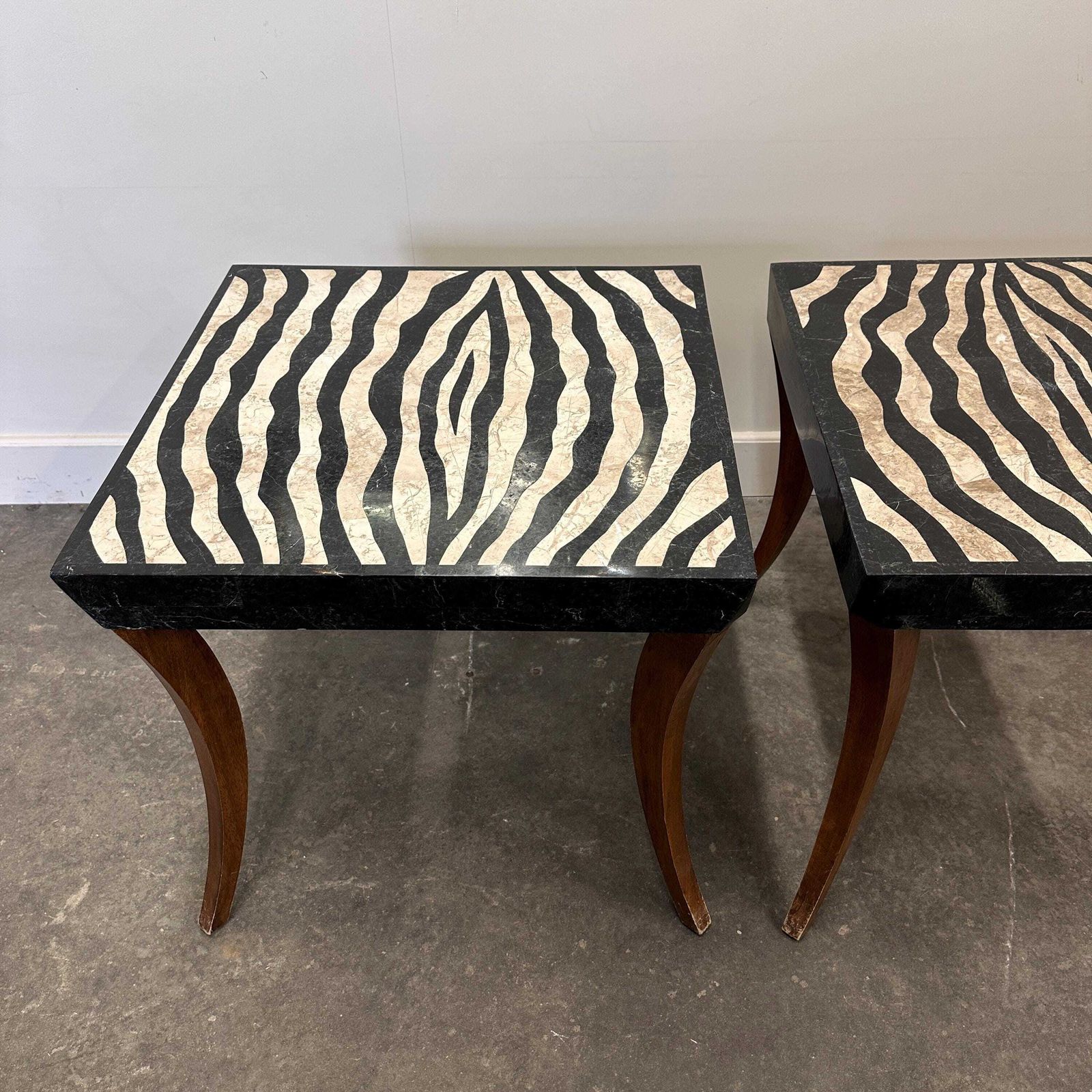 photo buy Striking Pair Of Italian Zebra Inlaid Tessellated Stone Tables With Refined Curved Legs, 1980s