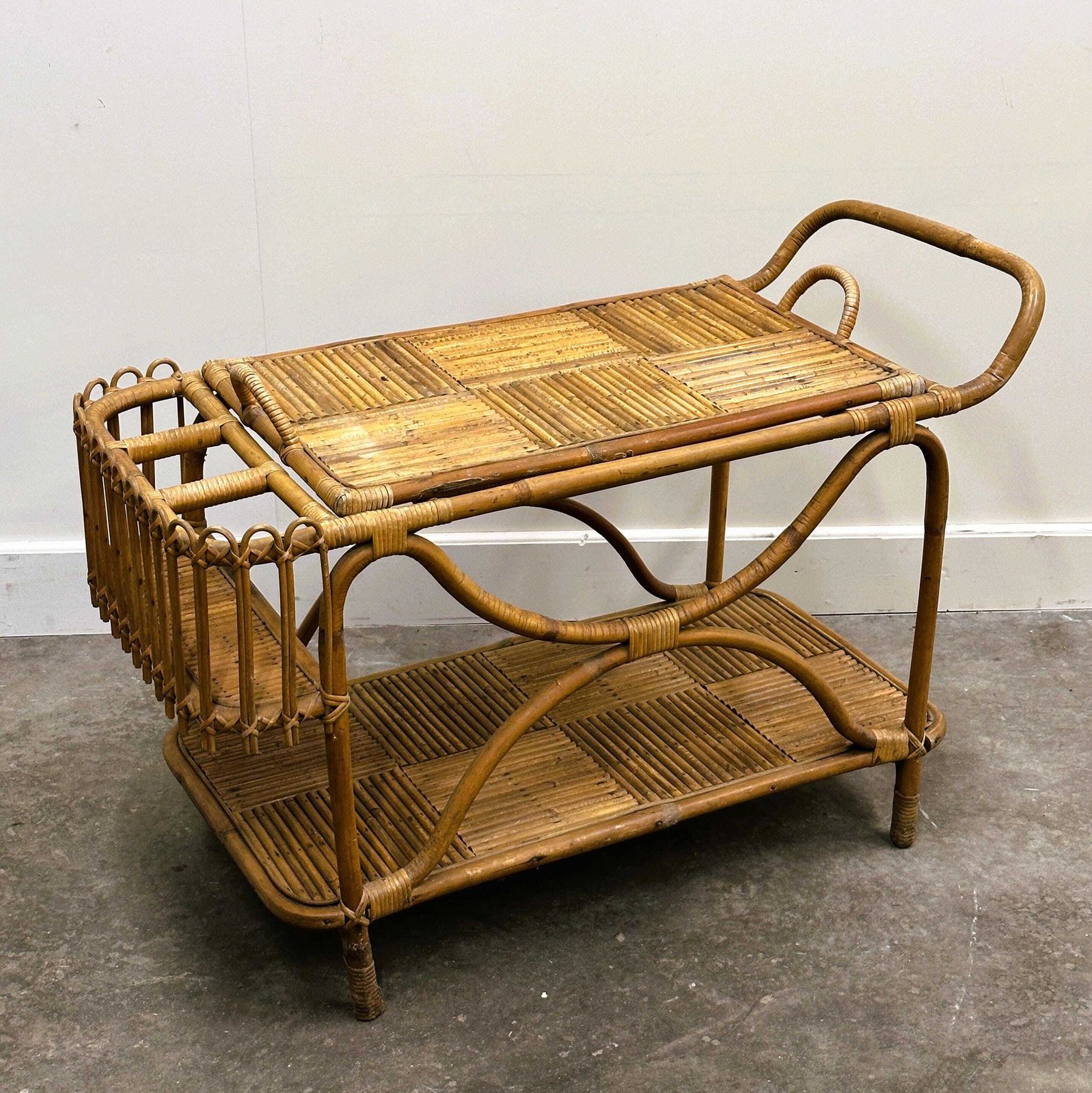 Rare Large French Riviera Rattan Bar Cart With Bottle Holder, 1960s