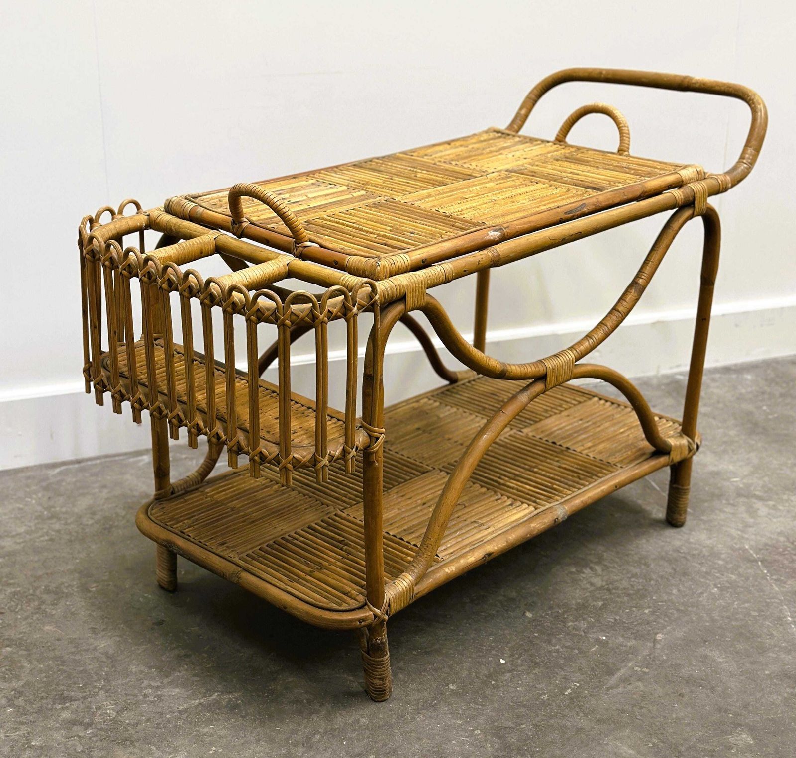 Rare Large French Riviera Rattan Bar Cart With Bottle Holder, 1960s photo furniture
