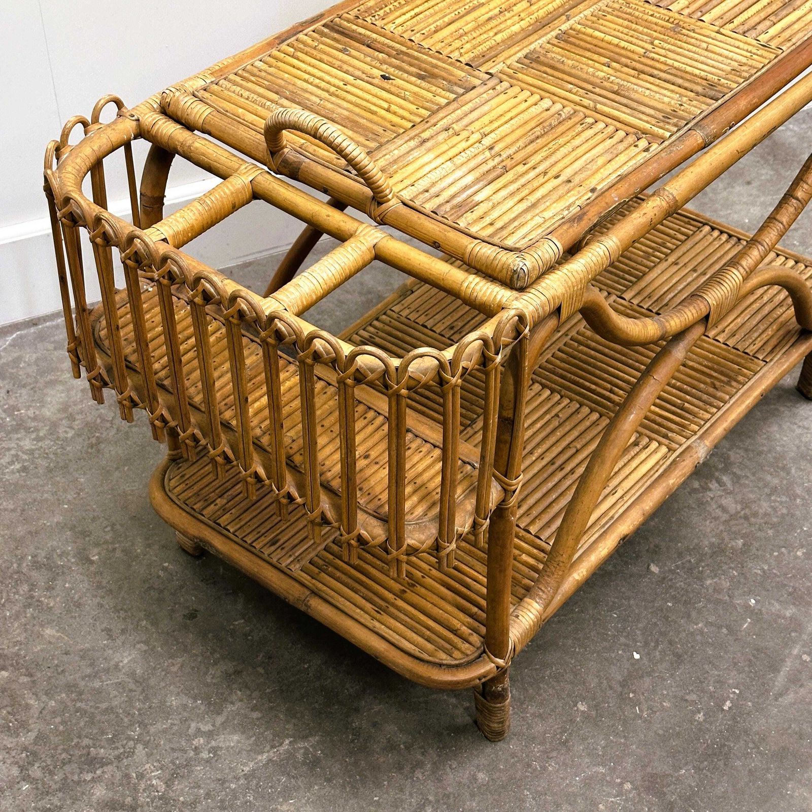 Furniture Rare Large French Riviera Rattan Bar Cart With Bottle Holder, 1960s photo