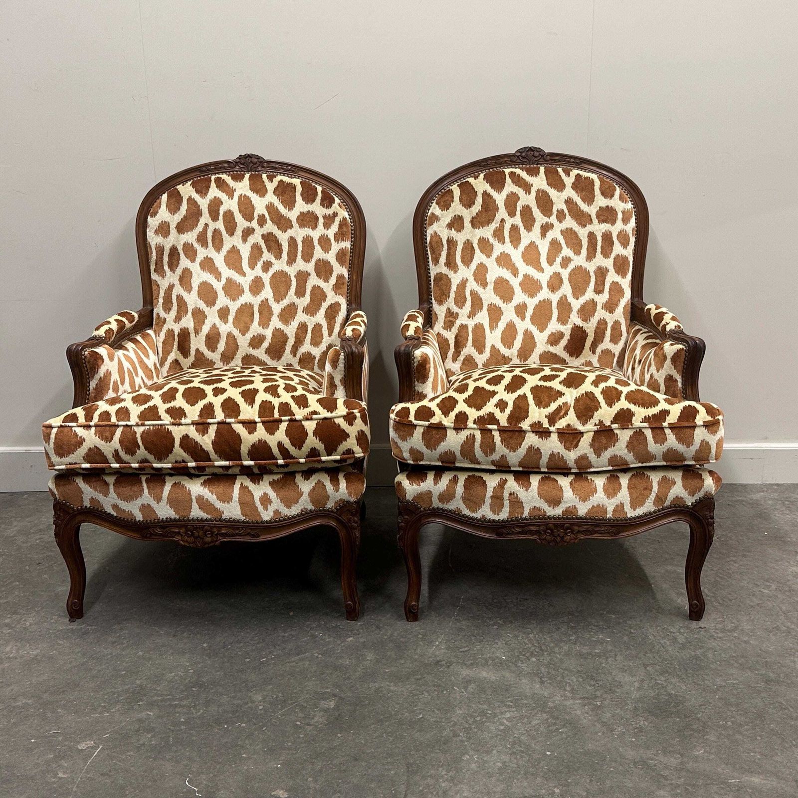 Pair Of Louis XV Style Armchairs In Giraffe Velvet Upholstery, France, 1950s