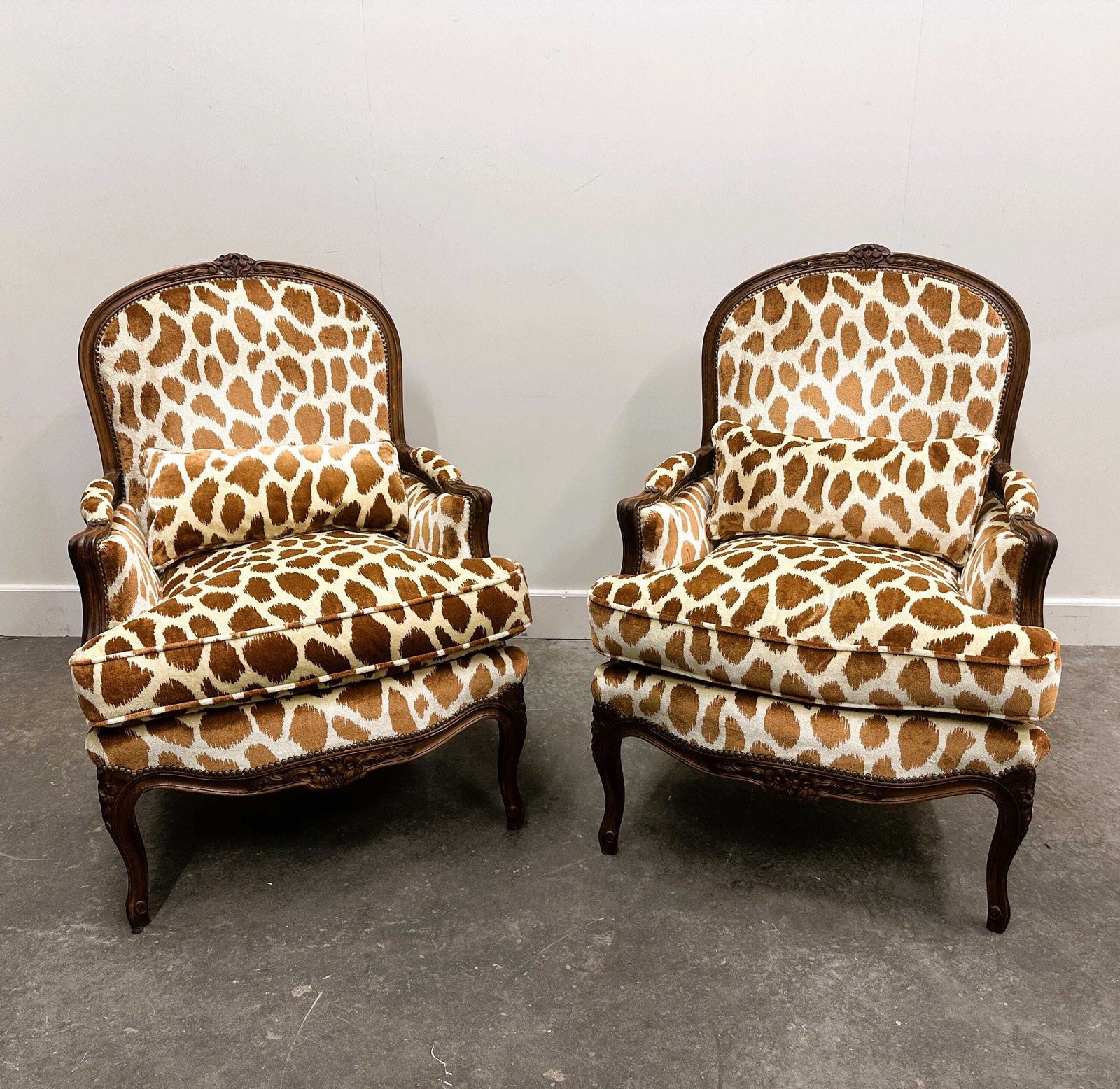 Pair Of Louis XV Style Armchairs In Giraffe Velvet Upholstery, France, 1950s photo for sale