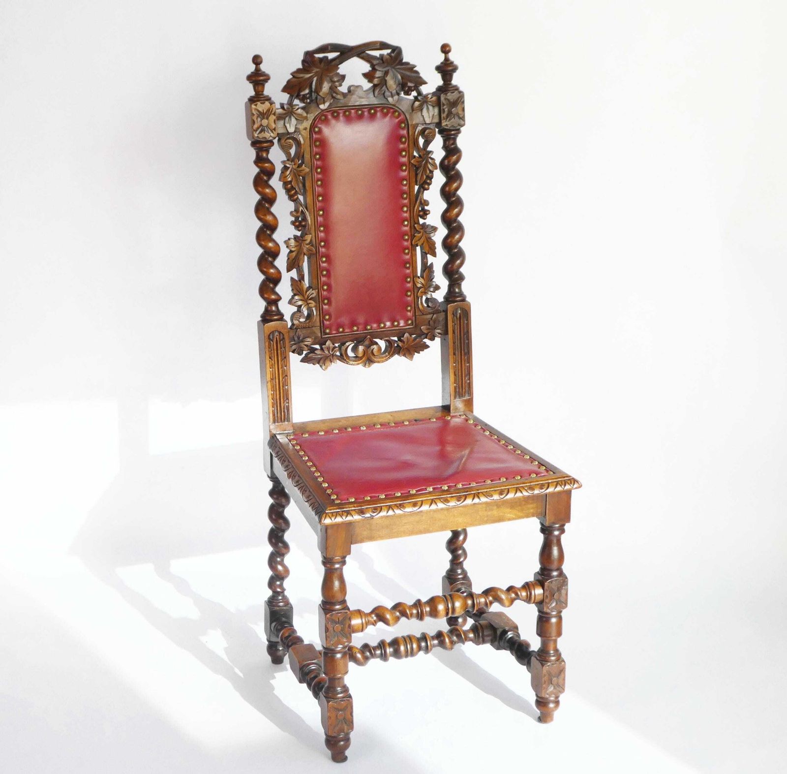 Baroque Antique Wooden Chair With Red Leather Seat, Barley Twist Hand Carved Chairs, Gothic Furniture