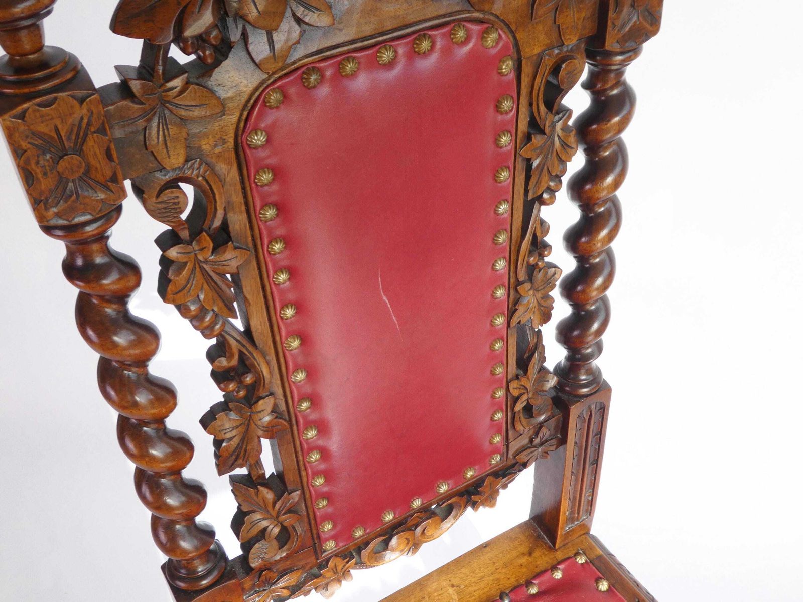 photo for sale Baroque Antique Wooden Chair With Red Leather Seat, Barley Twist Hand Carved Chairs, Gothic Furniture