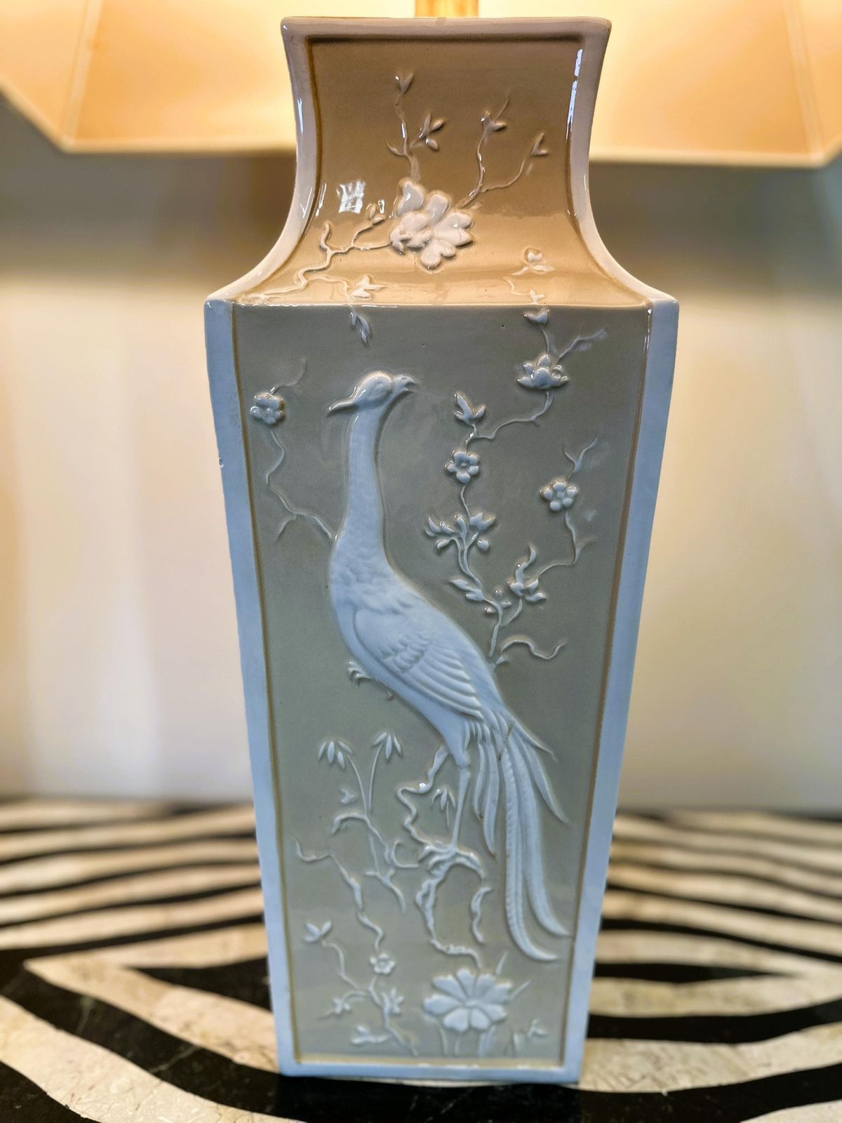 Pair Of Large Cream Ceramic Table Lamps With Relief Peacocks And Fabric Shades, 1980s photo vintage