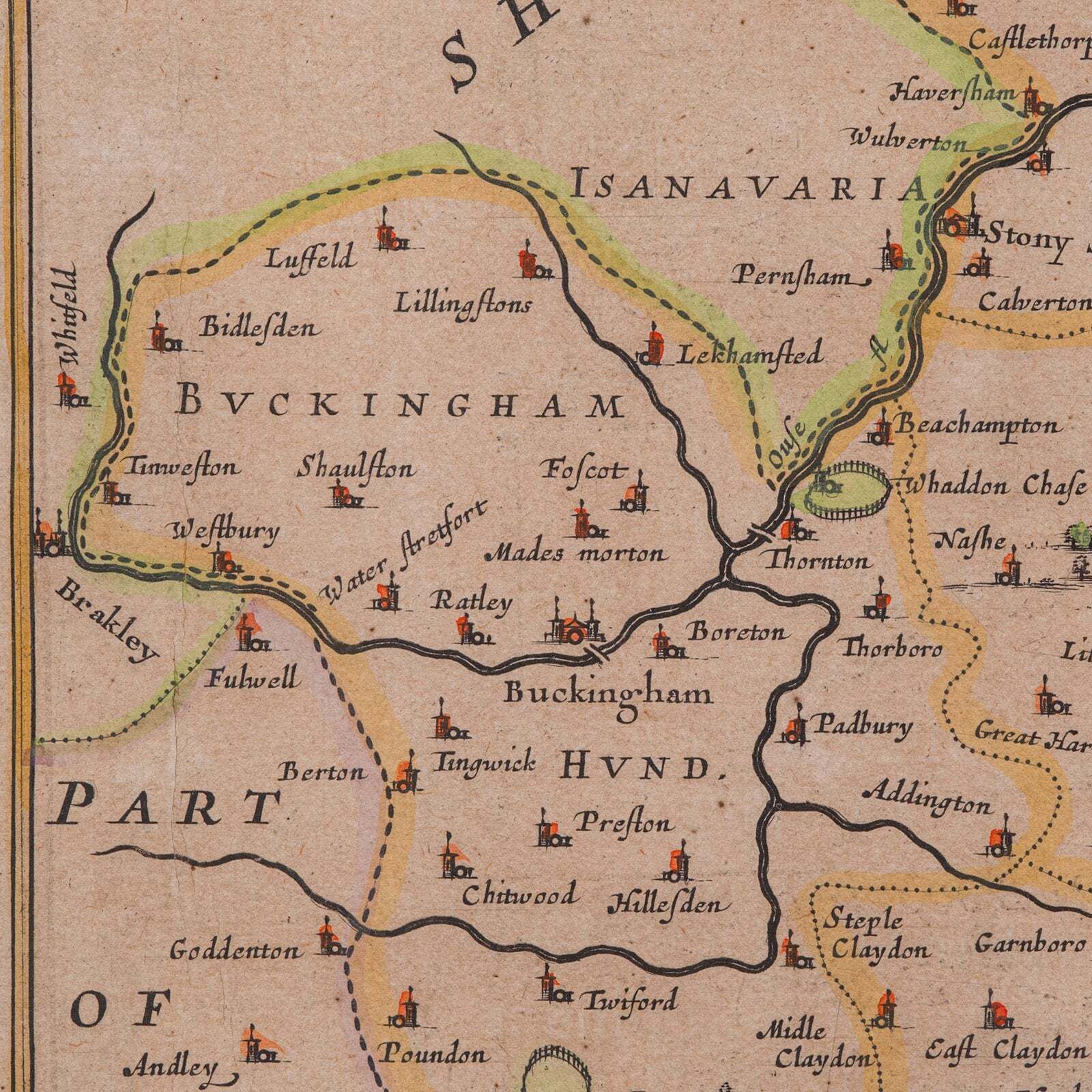 Antique Buckinghamshire Map, English, Framed 17th Century County Cartography photo vintage