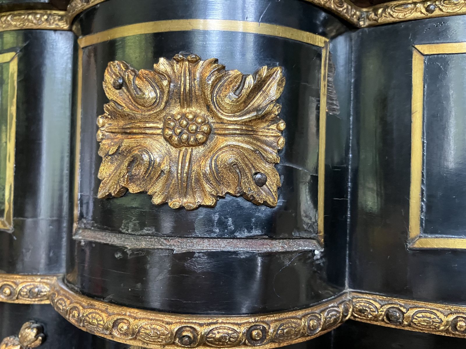 photo vintage 19c Ebonised Mahogany & Gilt Metal Ormolu Boulle Credenza With Sevres Style Plaque