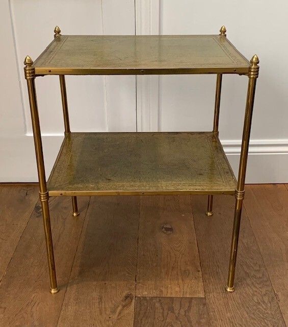 Lacquered Brass And Tooled Leather Occasional Side Table Or Etagere In The Manner Of Mallett Of London photo for sale