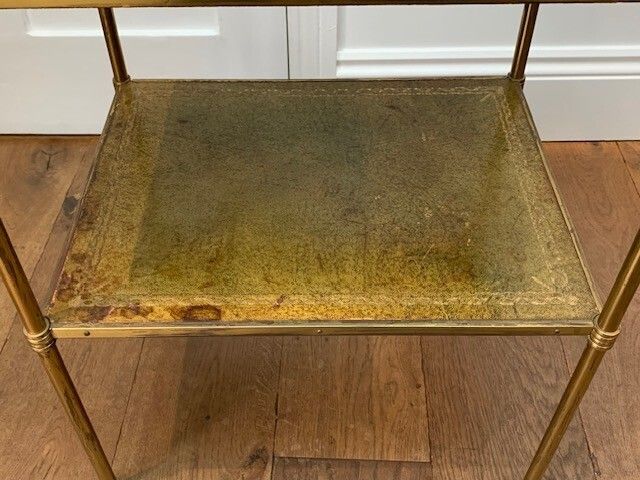photo for sale Lacquered Brass And Tooled Leather Occasional Side Table Or Etagere In The Manner Of Mallett Of London