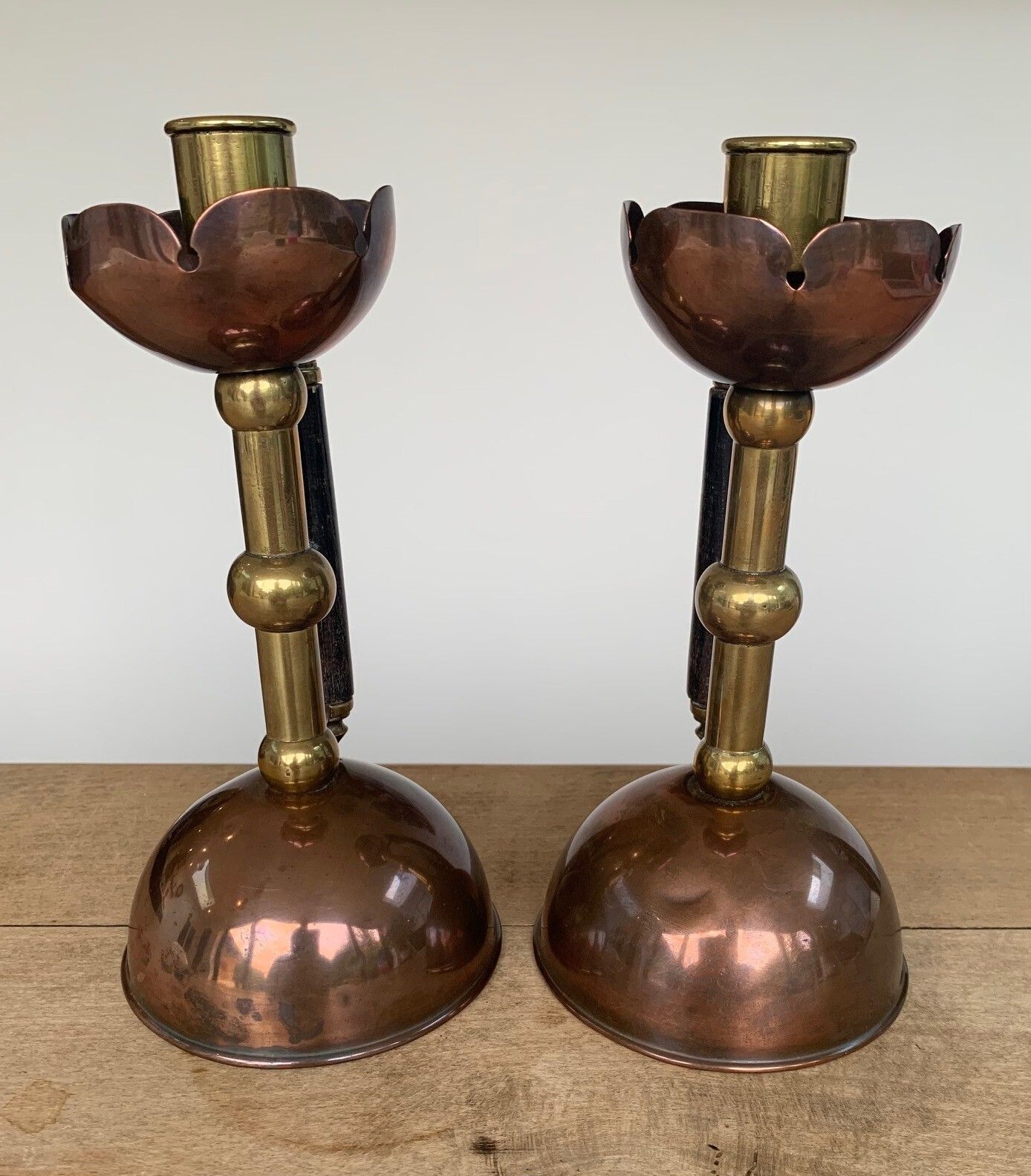 Late 19thc Pair Of Brass And Copper Arts & Crafts / Aesthetic Movement Candlesticks, Designed By DR Christopher Dresser photo for sale