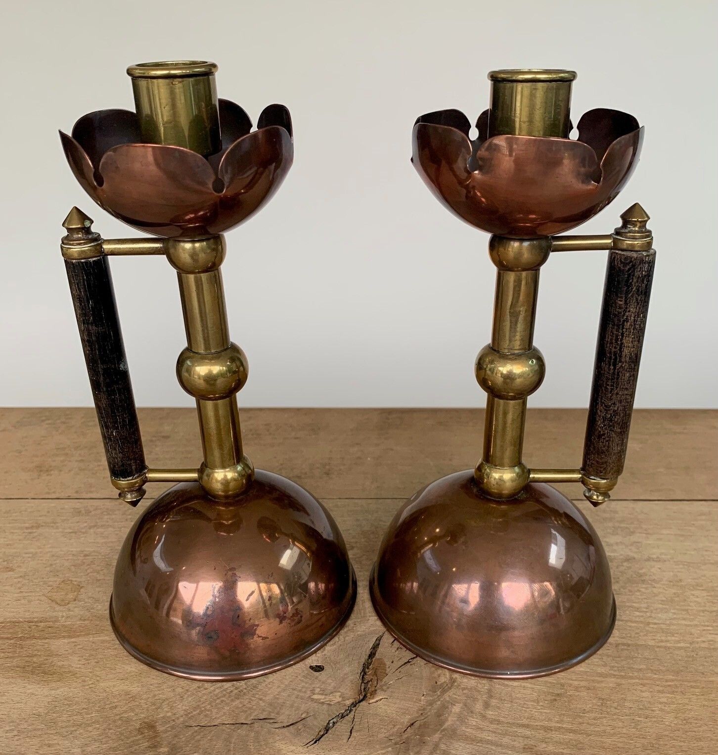 Late 19thc Pair Of Brass And Copper Arts & Crafts / Aesthetic Movement Candlesticks, Designed By DR Christopher Dresser photo buy