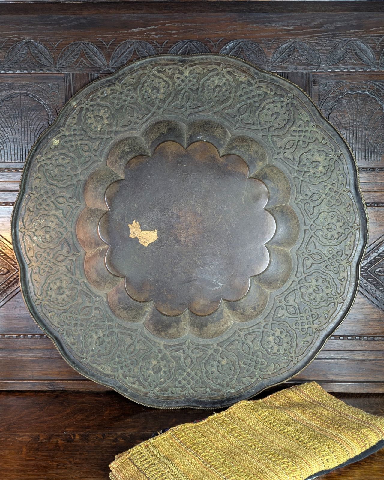 Large Late 19th Century Pressed Brass Indian Table Tray Top — School Of Jaipur photo vintage