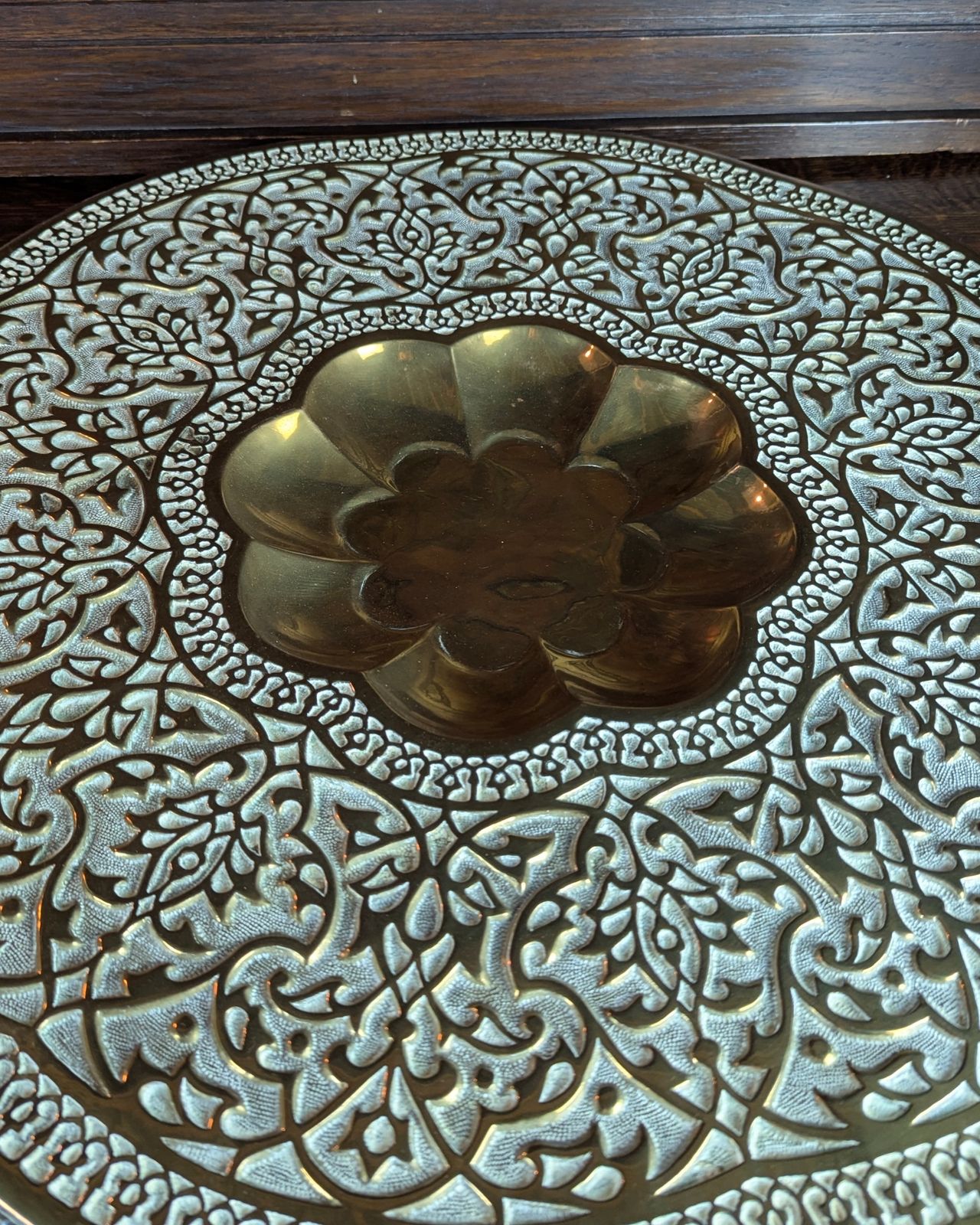 Late 19th Century Pressed Brass Indian Tiffin Table Tray Top — School Of Jaipur photo Home Decor