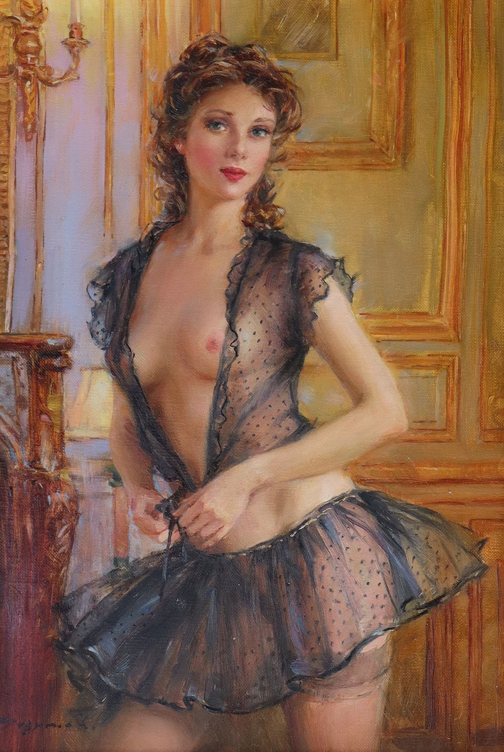 Konstantin Razumov Oil On Canvas Lady In Black Lingerie  photo for sale