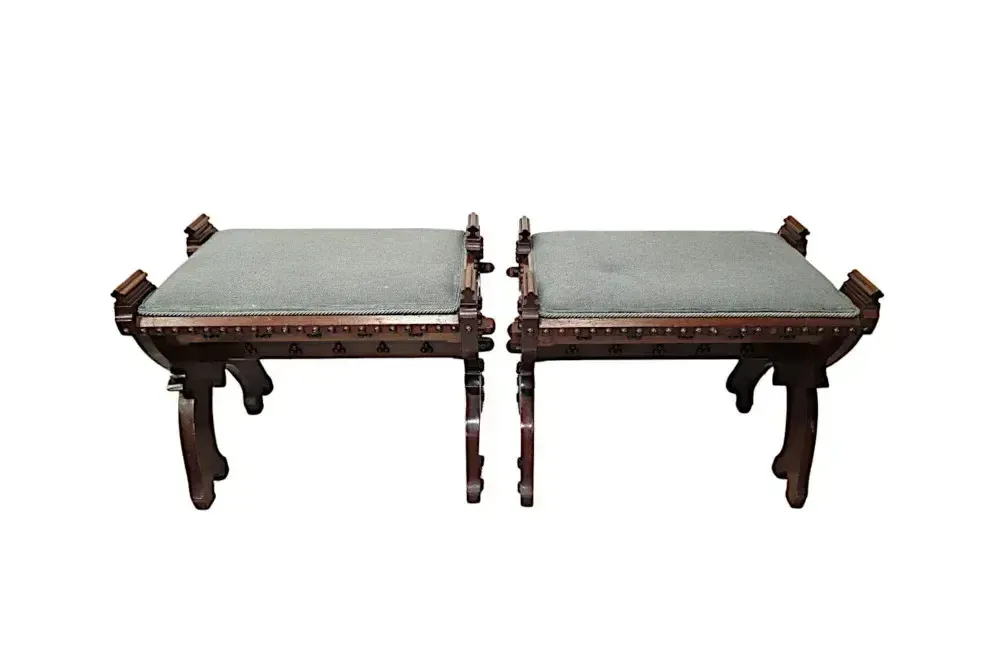 A Lovely Unusual Pair Of 19th Century Gothic Oak X Framed Stools photo Furniture