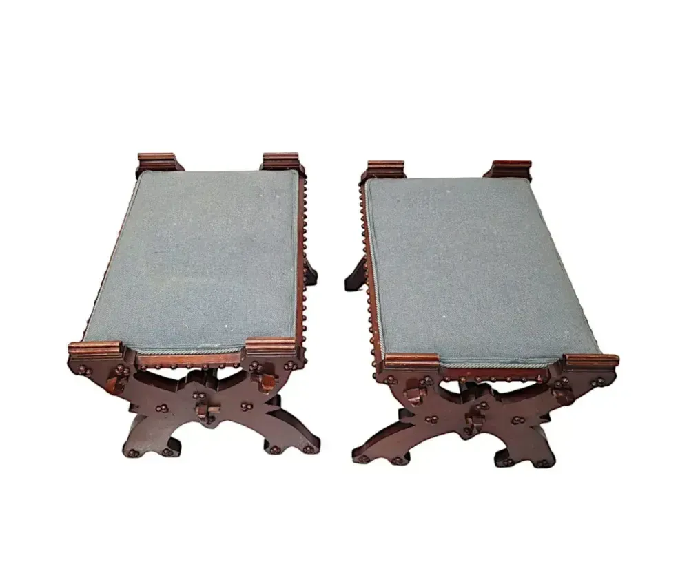 A Lovely Unusual Pair Of 19th Century Gothic Oak X Framed Stools photo 3174.5772