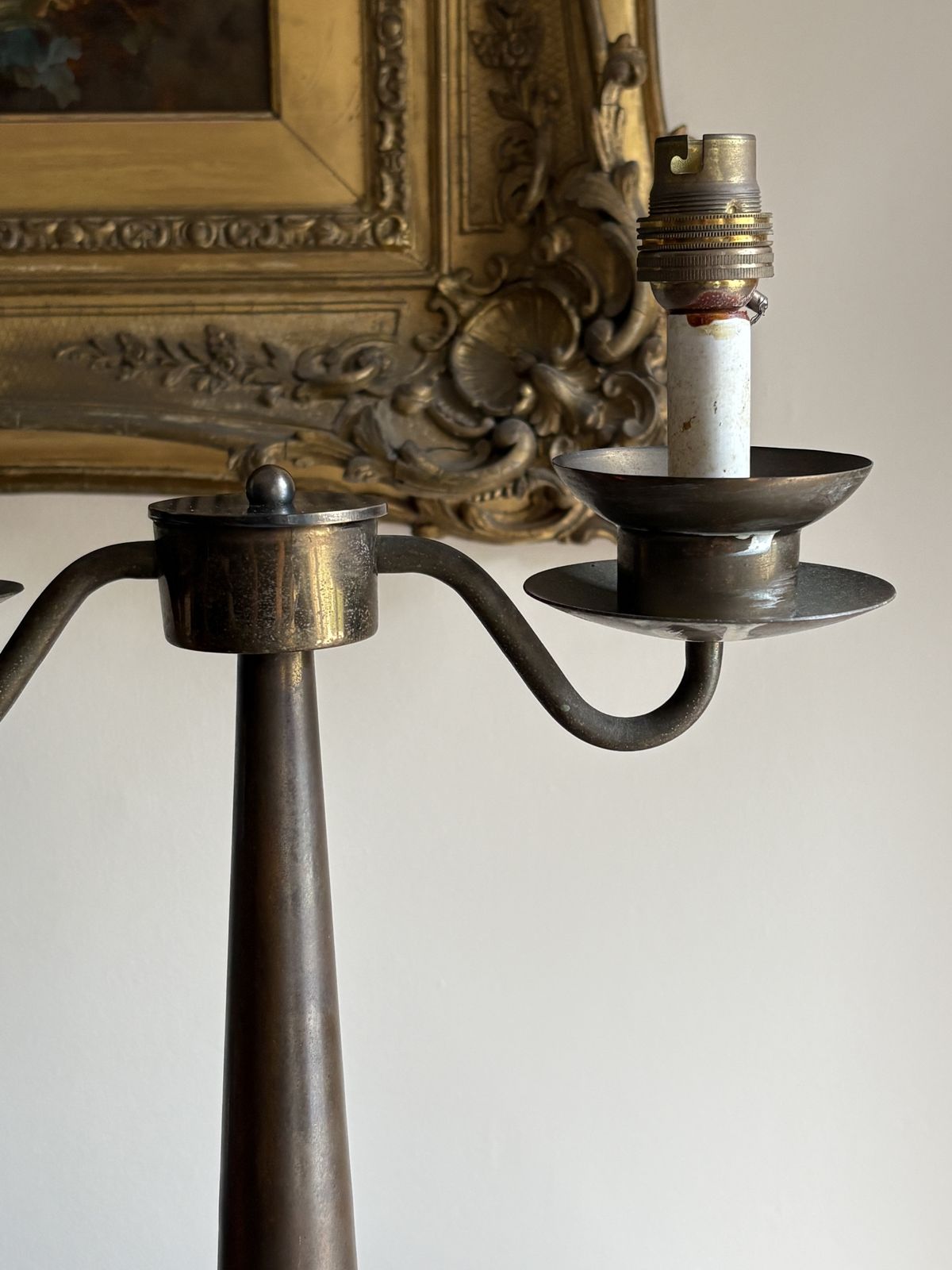 Neoclassical Style Brass Table Lamp W/ Two Urn Shaped Glass And Greek Key Stencilled Shades photo for sale