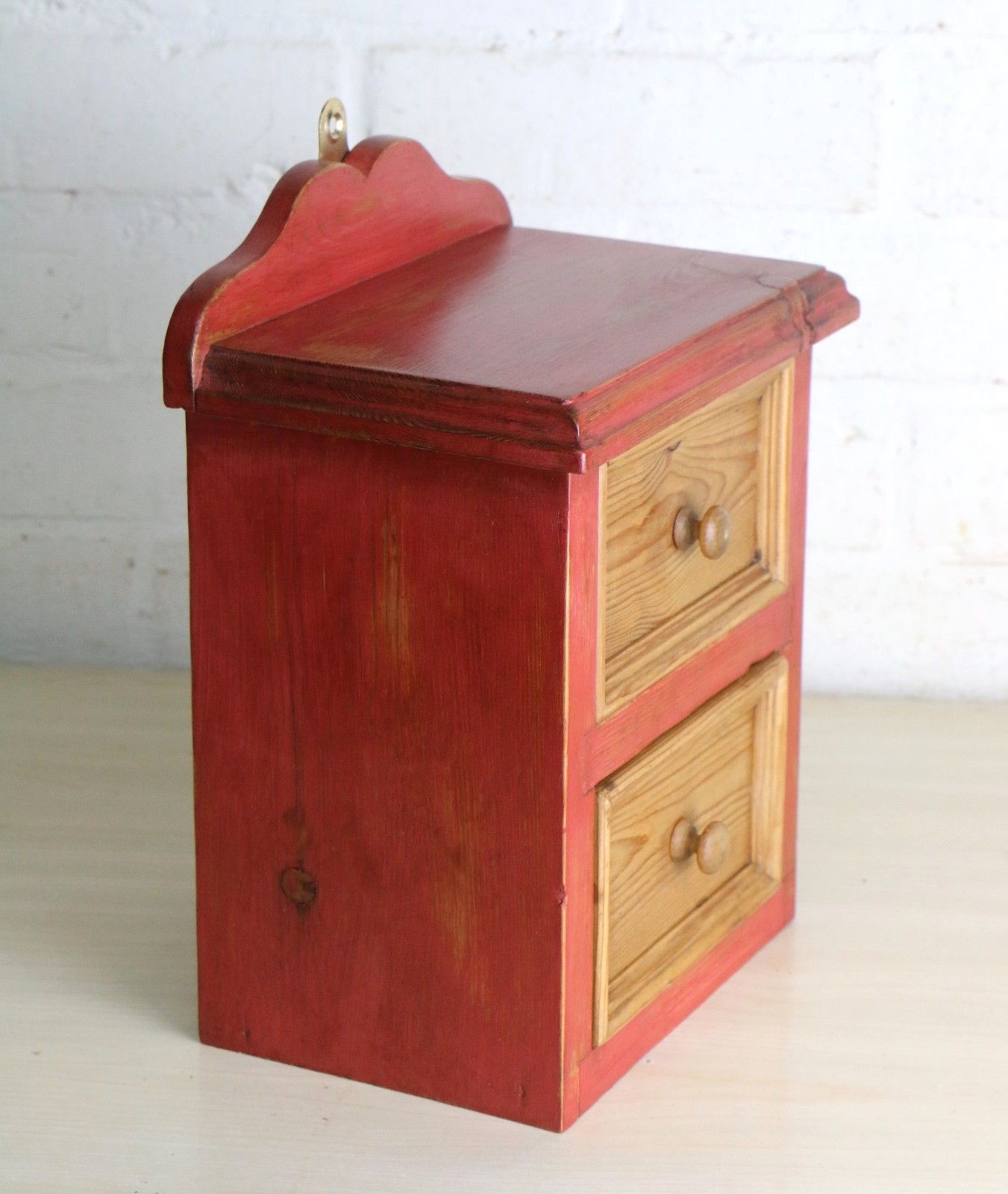 Vintage French Wall Mounted Rustic Pine Drawers Small Size Natural & Burnt Red photo Furniture