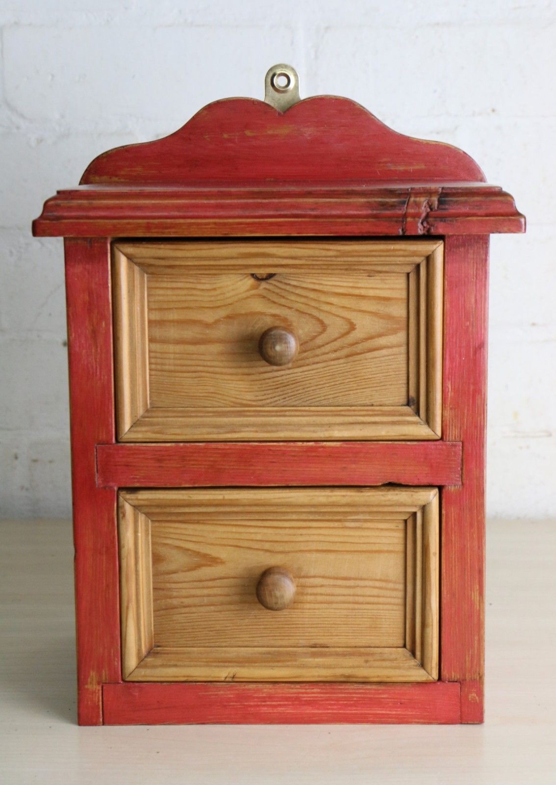 Vintage French Wall Mounted Rustic Pine Drawers Small Size Natural & Burnt Red photo buy