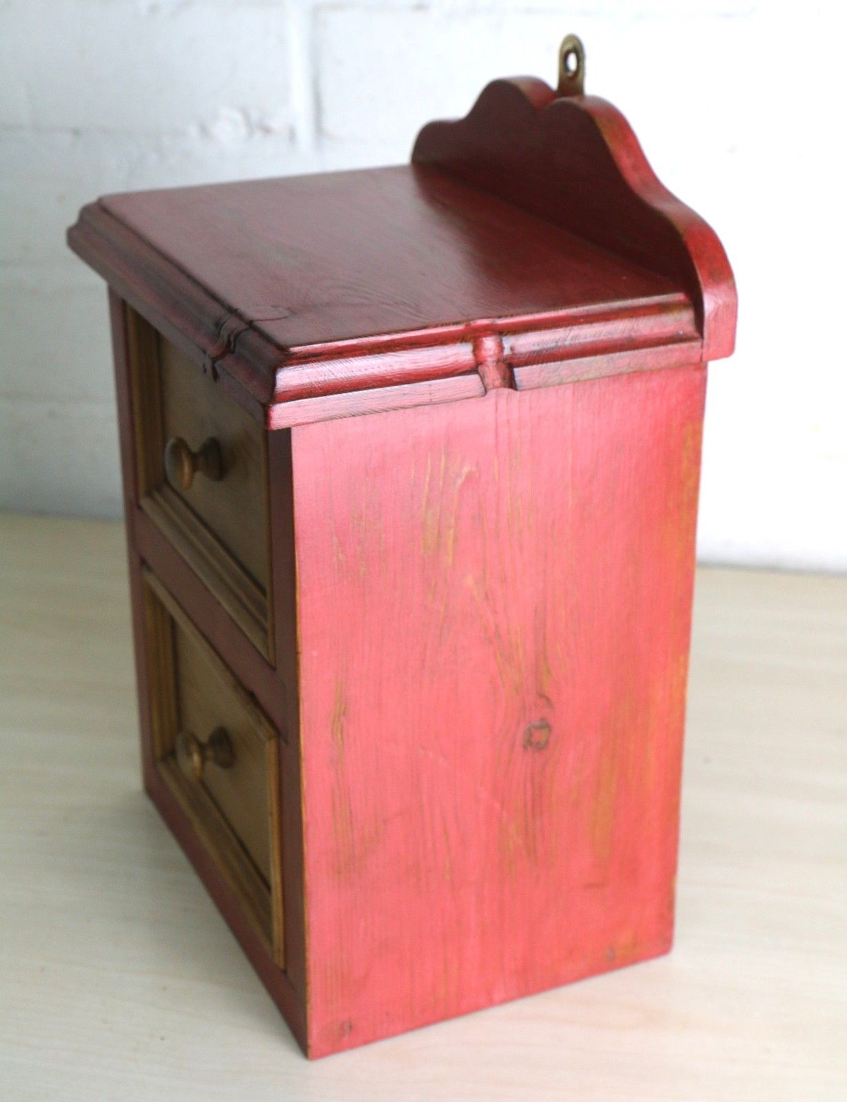 photo vintage Vintage French Wall Mounted Rustic Pine Drawers Small Size Natural & Burnt Red