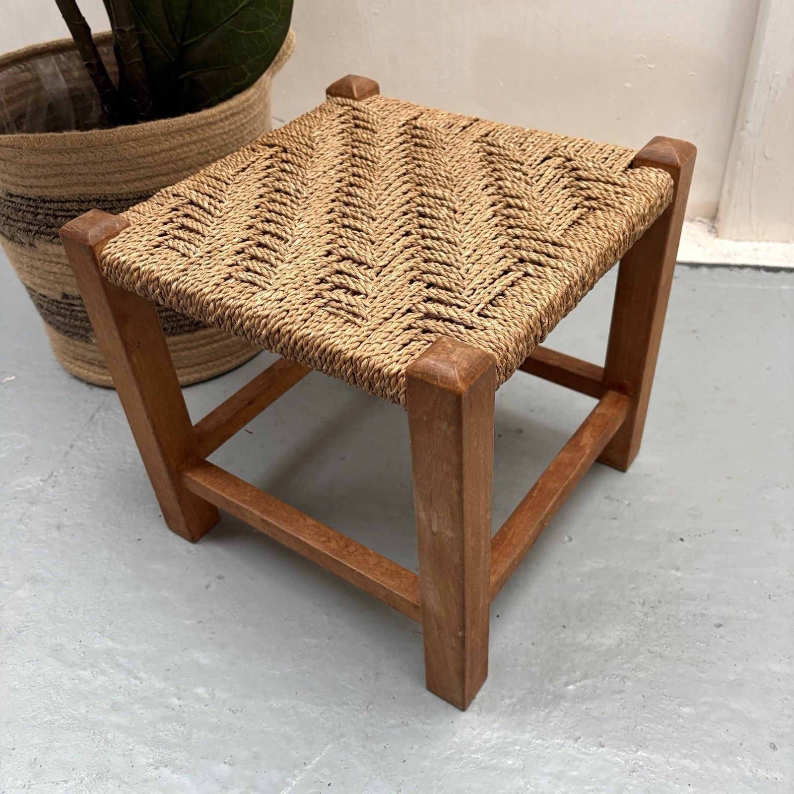 Vintage French Woven Jupe Rope Sea Grass Square Shaped Foot Stool Plinth Table