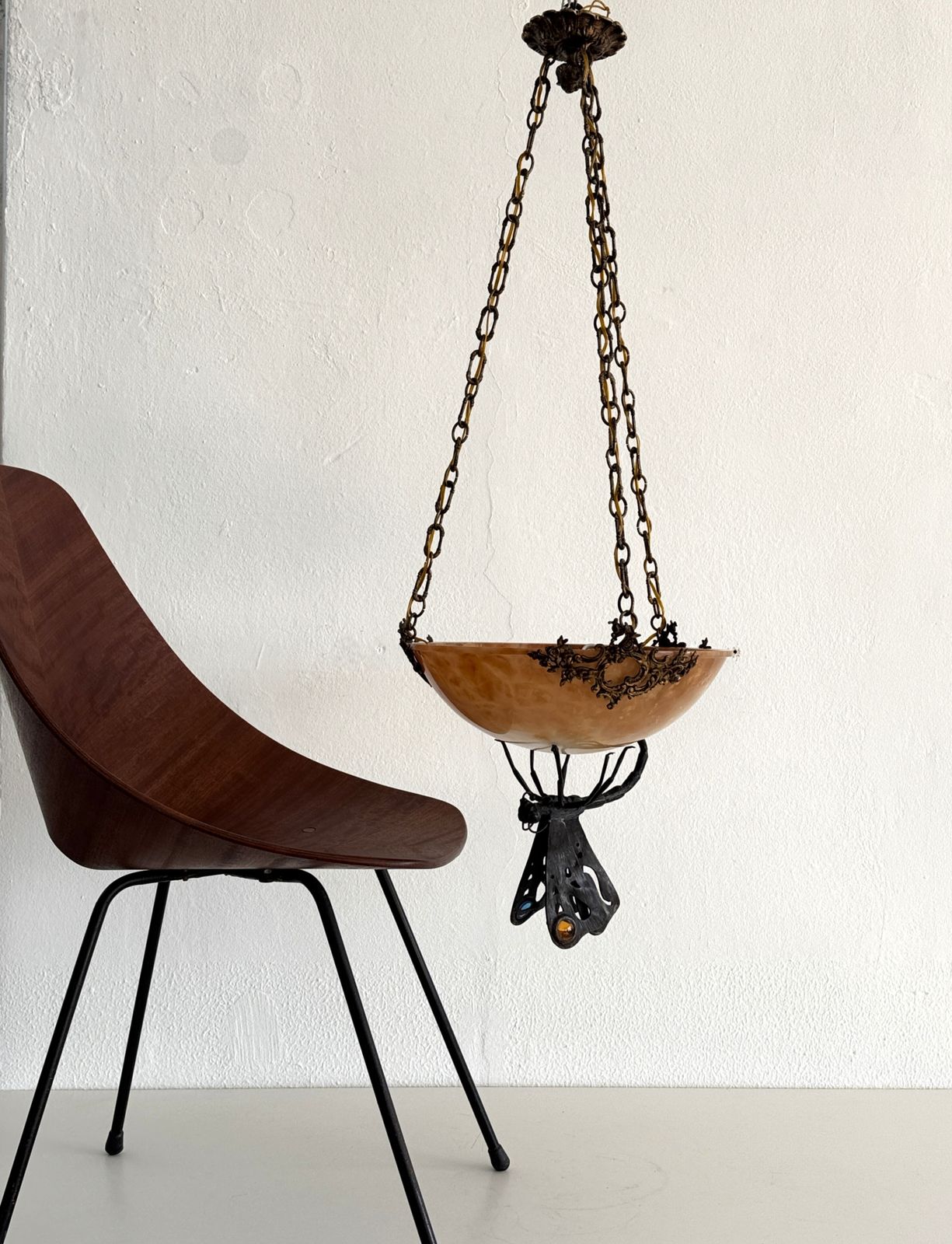 Italian Art Deco Alabaster Chandelier With Wrough Iron Dagonfly And Chain photo furniture