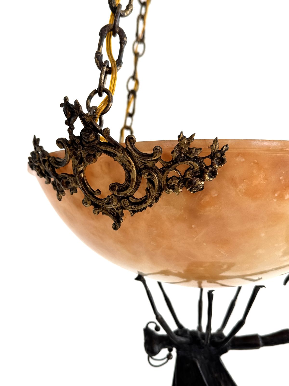 Italian Art Deco Alabaster Chandelier With Wrough Iron Dagonfly And Chain photo for sale