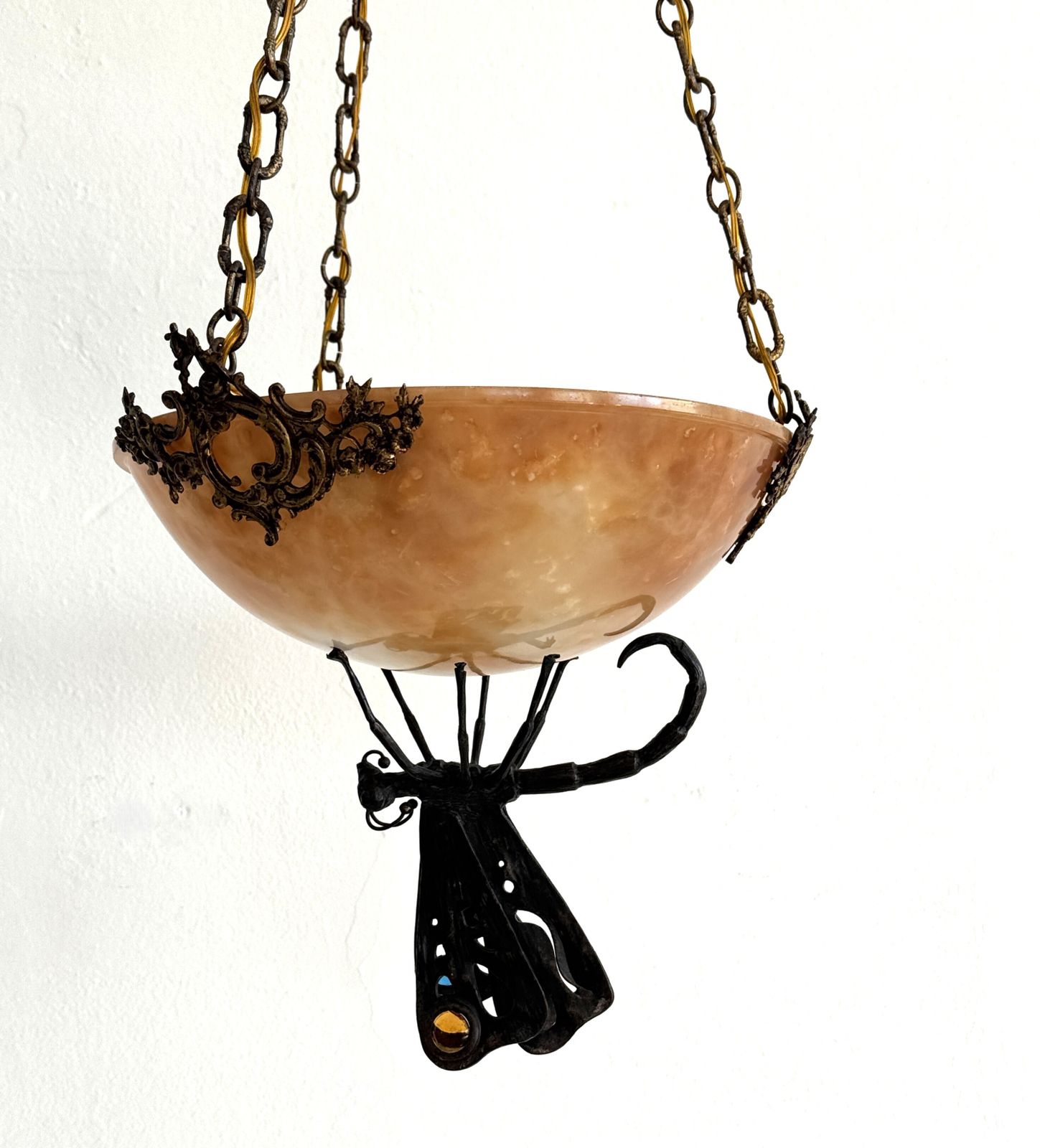 Italian Art Deco Alabaster Chandelier With Wrough Iron Dagonfly And Chain photo Lighting