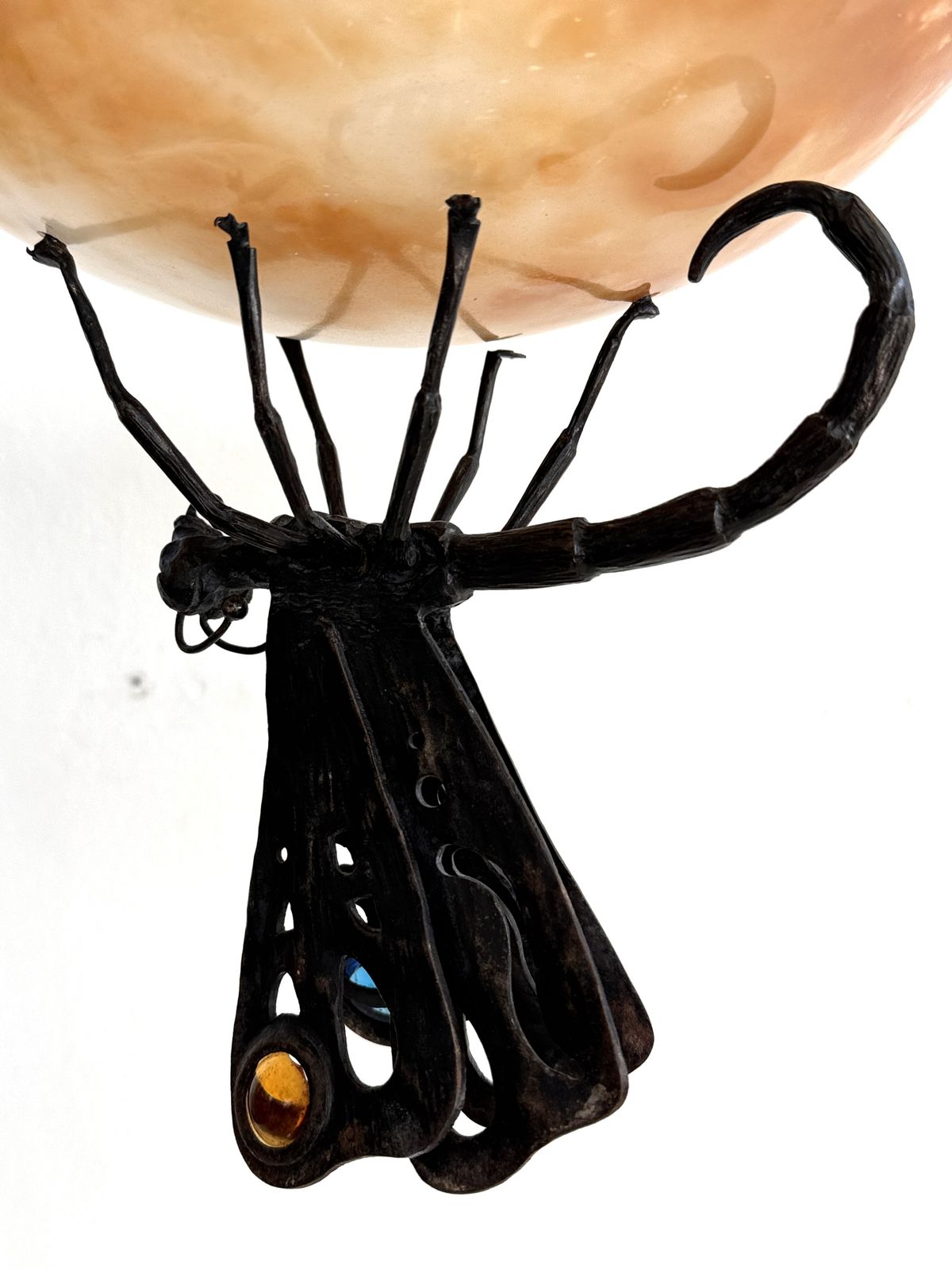 Italian Art Deco Alabaster Chandelier With Wrough Iron Dagonfly And Chain photo buy