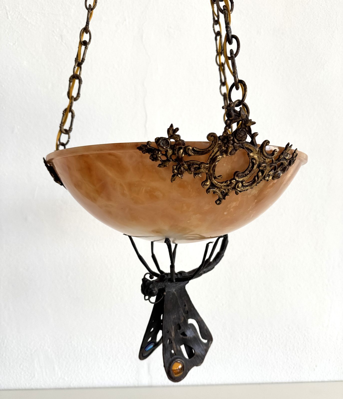 photo furniture Italian Art Deco Alabaster Chandelier With Wrough Iron Dagonfly And Chain
