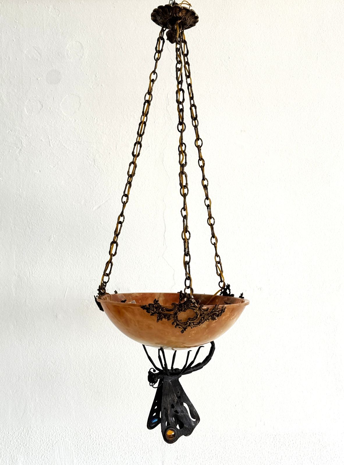 4200.0 Italian Art Deco Alabaster Chandelier With Wrough Iron Dagonfly And Chain photo