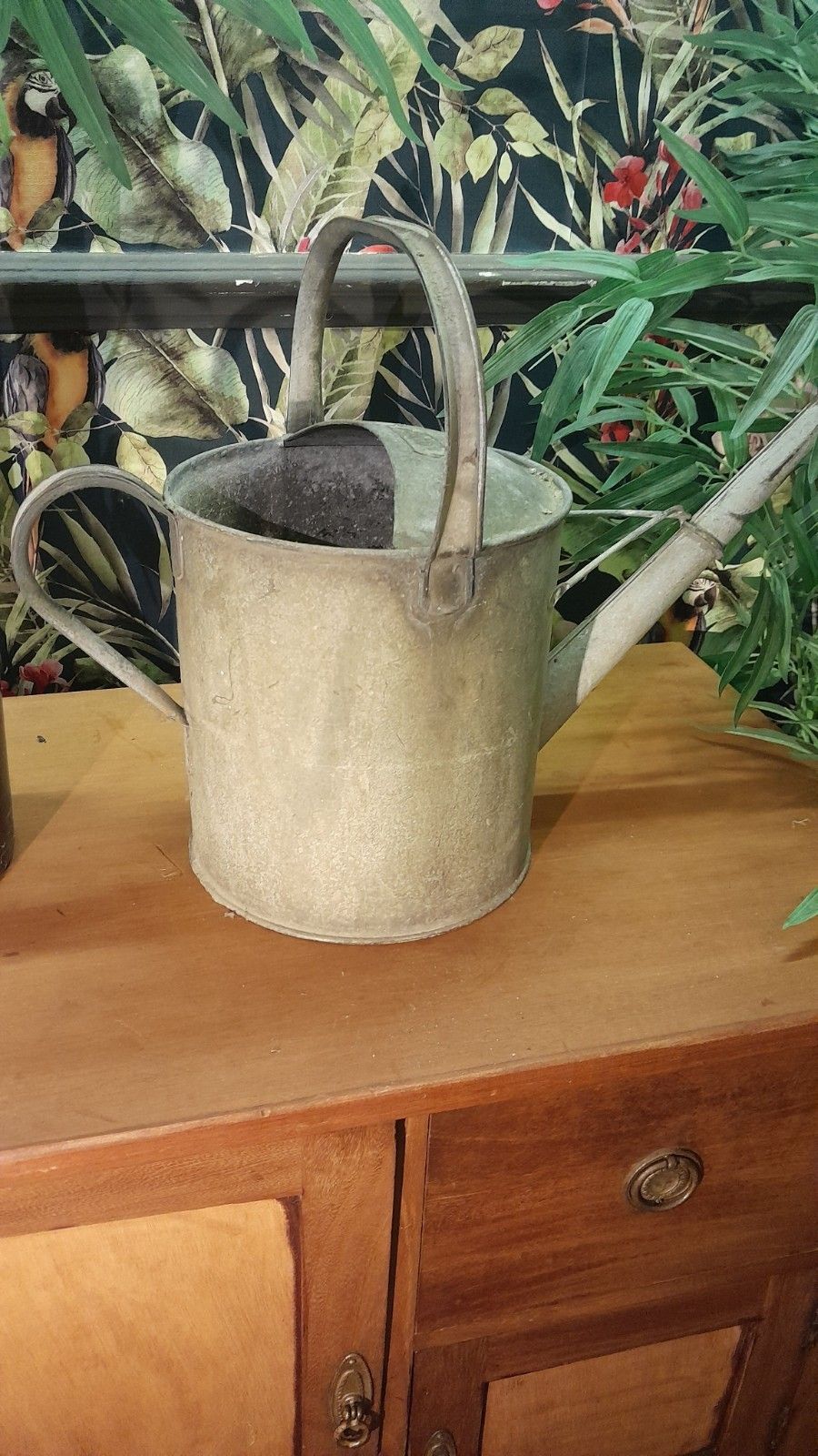 Vintage Galvanized Watering Can Two Gallon 40cm Tall Galvanised Metal With Rose photo vinterior