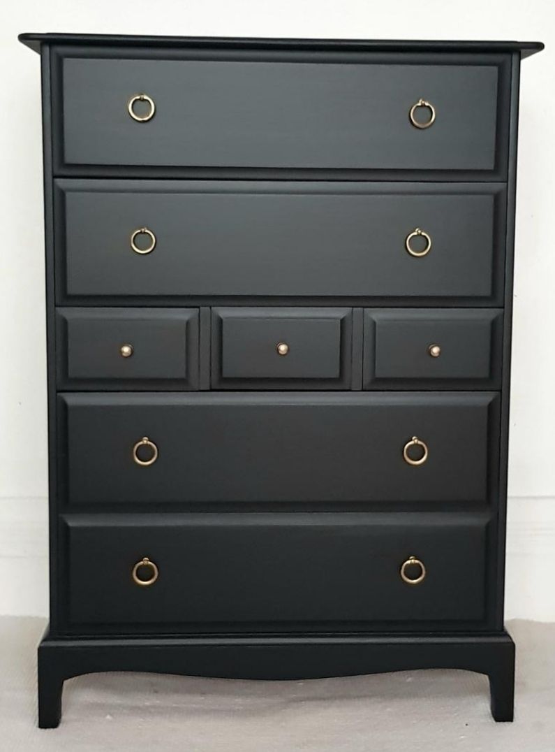 Stag Minstrel Painted Bedroom Set, Black Bedside Tables, Tallboy & Chest Of Drawers. photo furniture
