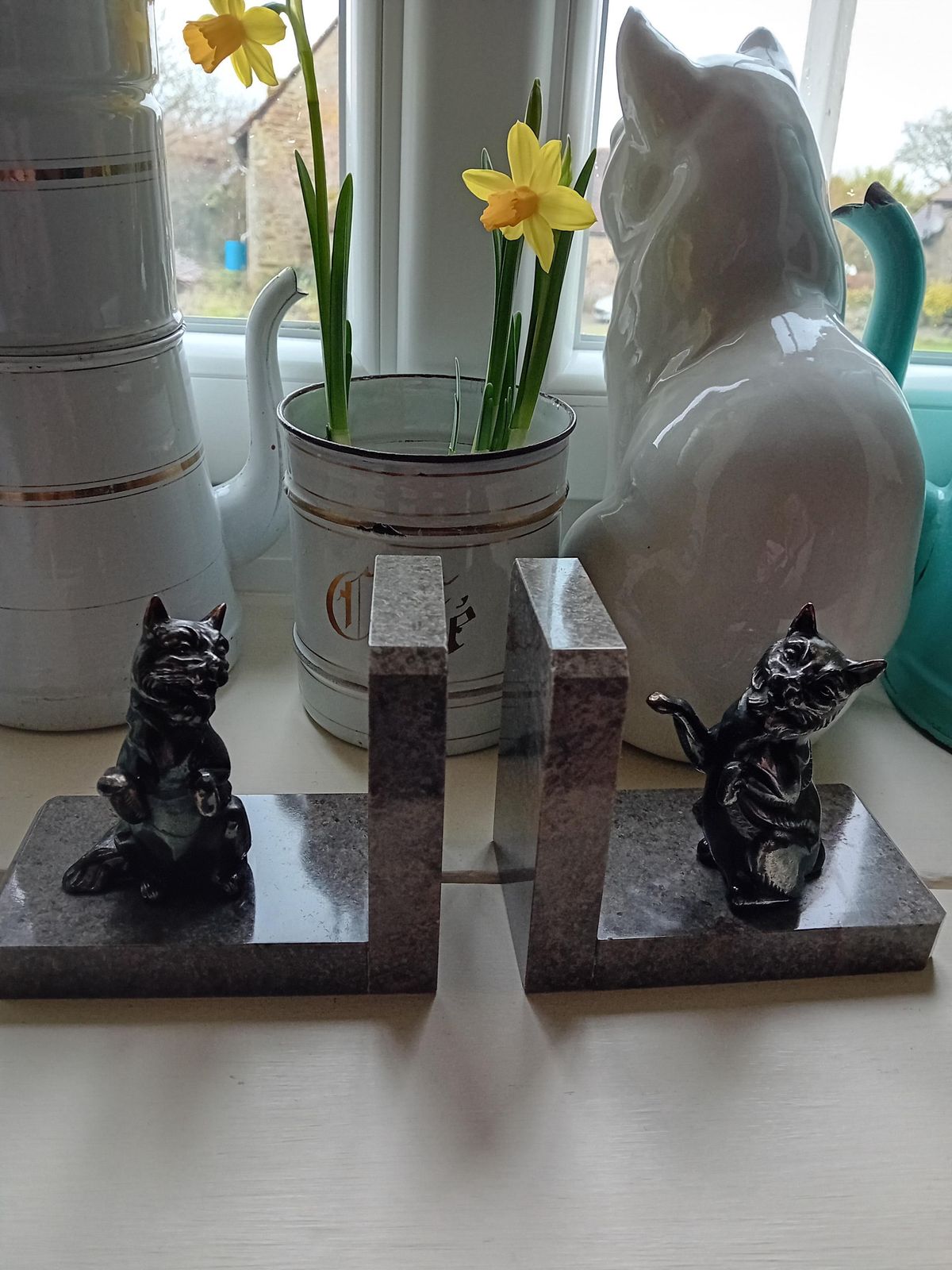 Cat Design Bookends Marble Base French Vintage Book Nook photo buy