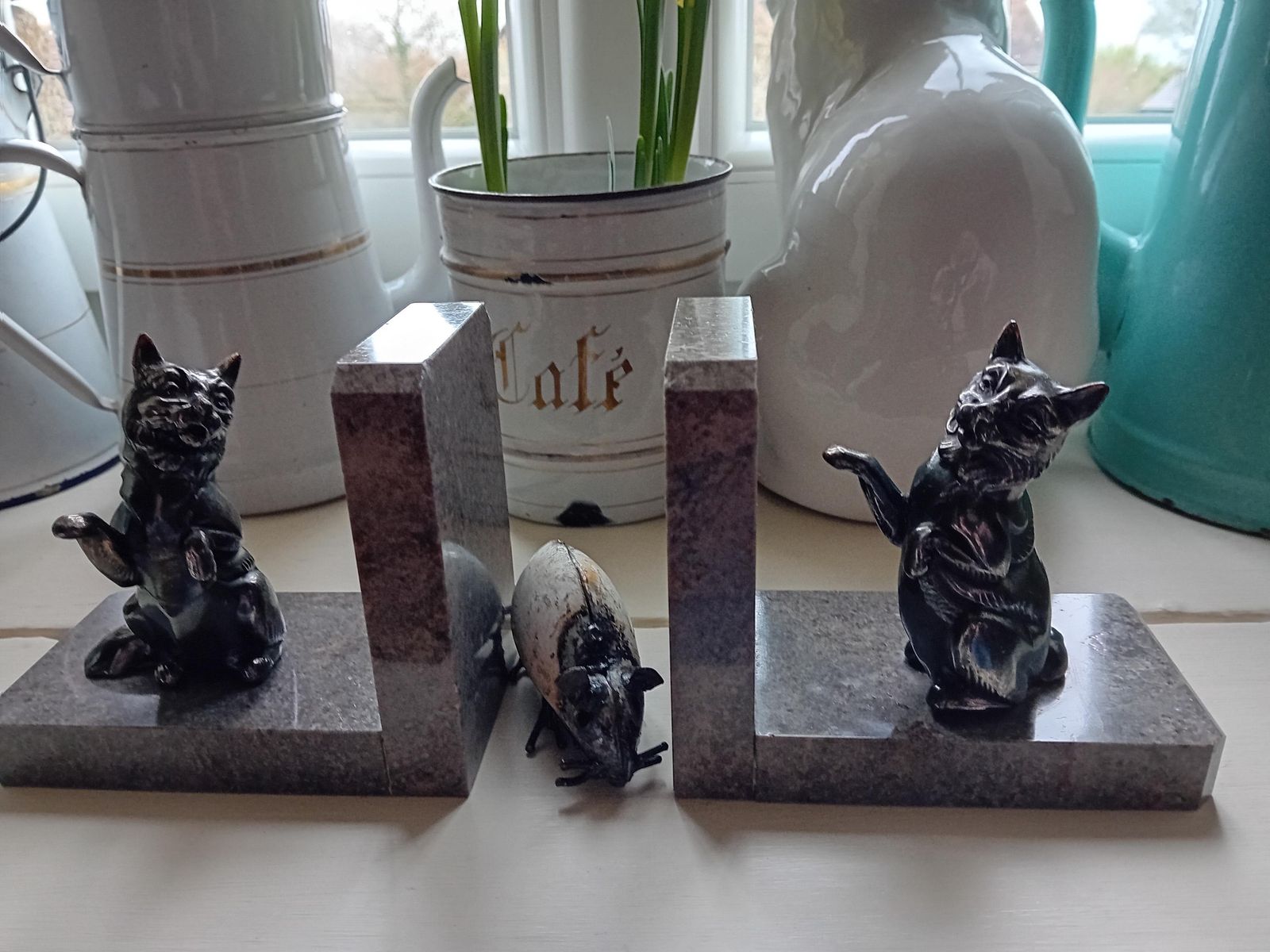 Cat Design Bookends Marble Base French Vintage Book Nook photo vintage